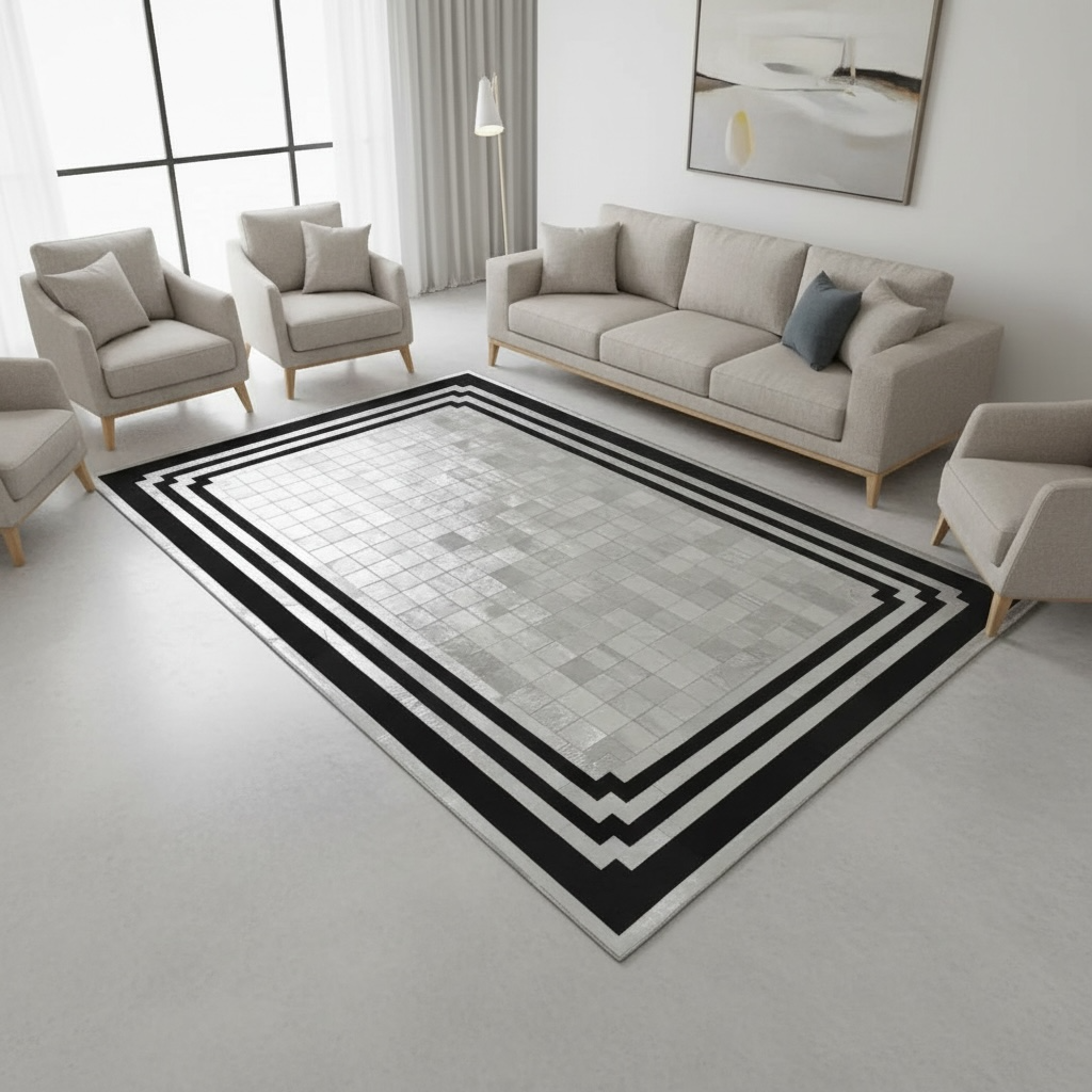 Siyah ve Gri Bordürlü Dana Derisi Patchwork Halı