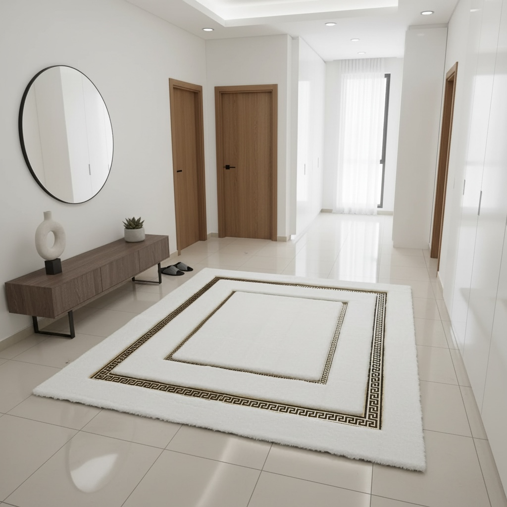 Beyaz Zeminli Altın Çerçeve Detaylı Peluş Halı – Yumuşak Dokulu, Şık ve Dekoratif Halı