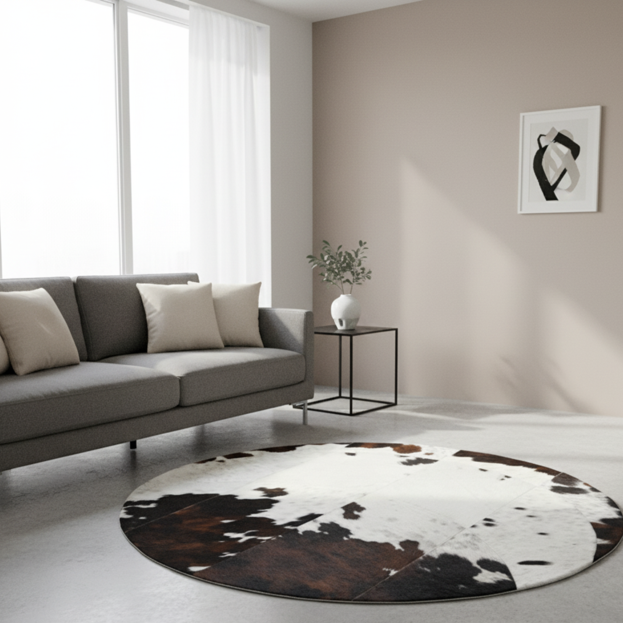 Yuvarlak Patchwork Dana Derisi Halı – Siyah Beyaz Kahverengi