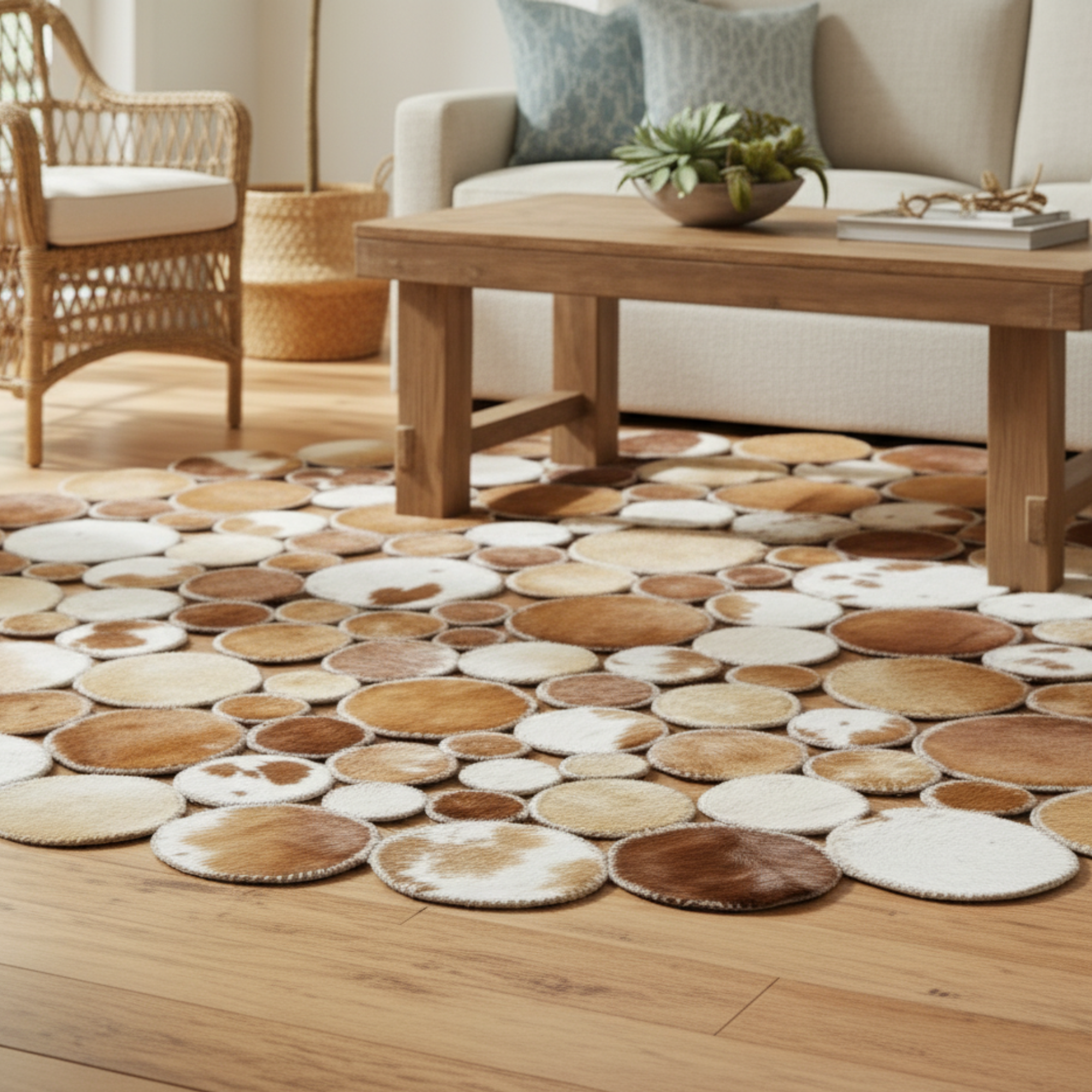 Kahverengi Tonlarda Yuvarlak Dana Derisi Halı – El Yapımı Doğal ve Şık Salon Halısı