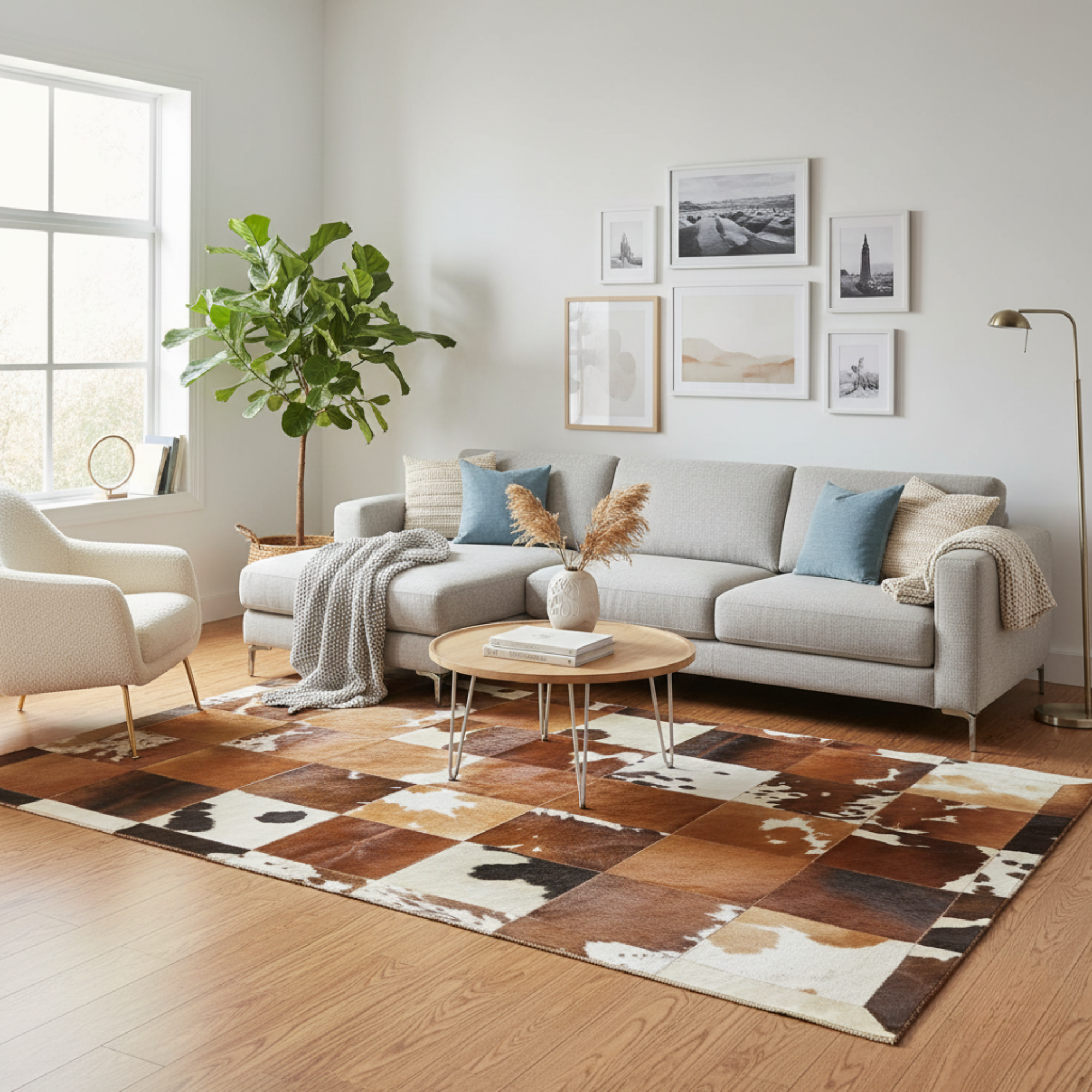 Kahve Tonlarında Dana Derisi Patchwork Halı – El Dokuma Hakiki Deri Lüks Koridor Halısı