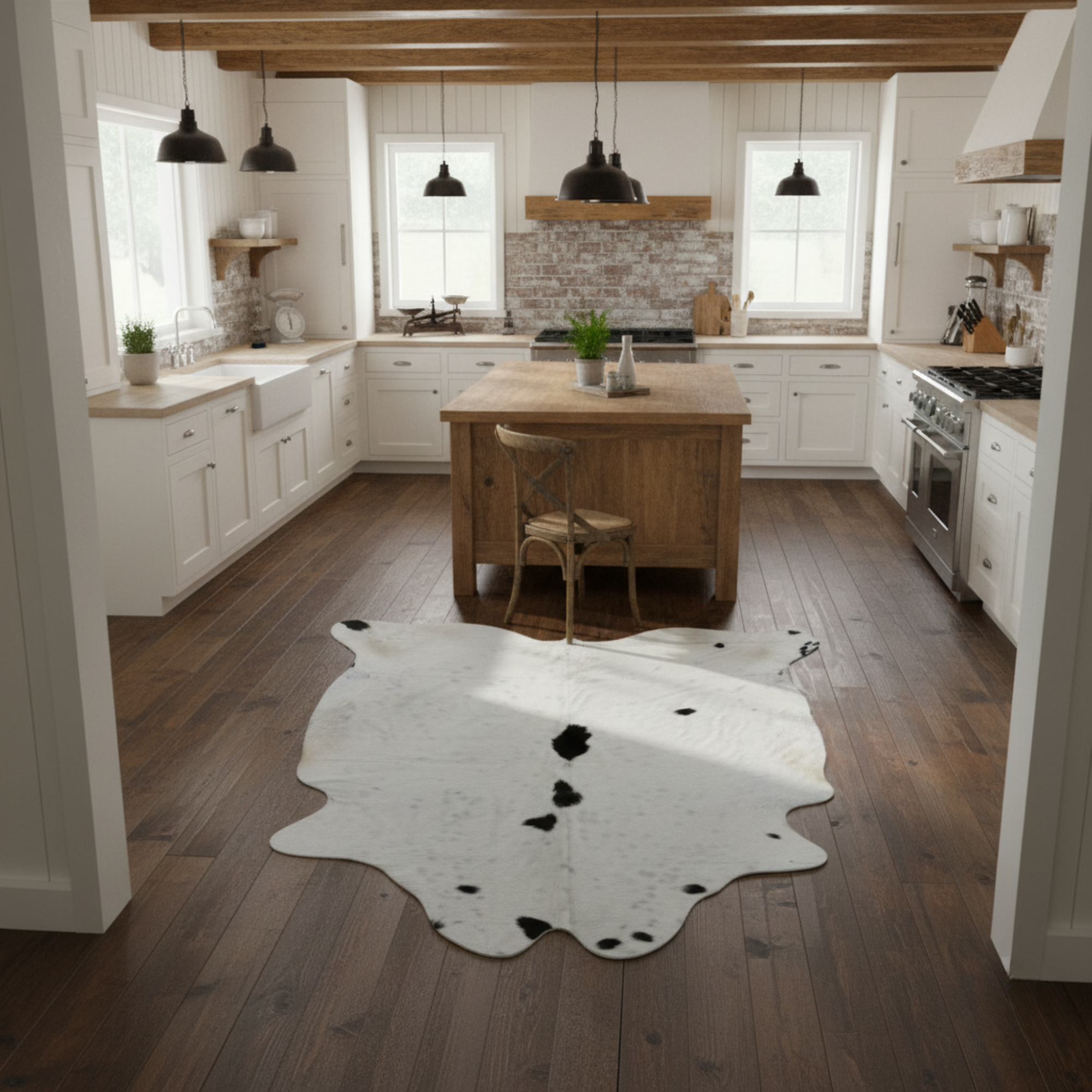 Siyah Benekli Beyaz Hakiki Dana Derisi Post Halı 169 x 210cm – El Yapımı Gerçek Deri Halı