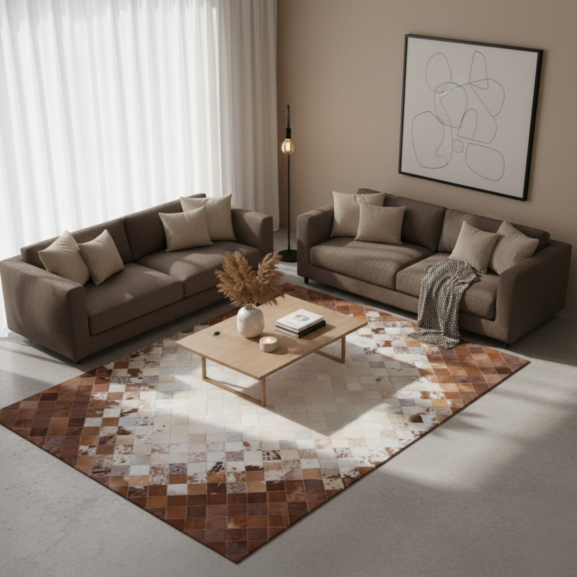 Kahverengi Patchwork Dana Derisi Halı – Doğal Gerçek Deri, El Yapımı – Özel Ölçü Seçenekleri