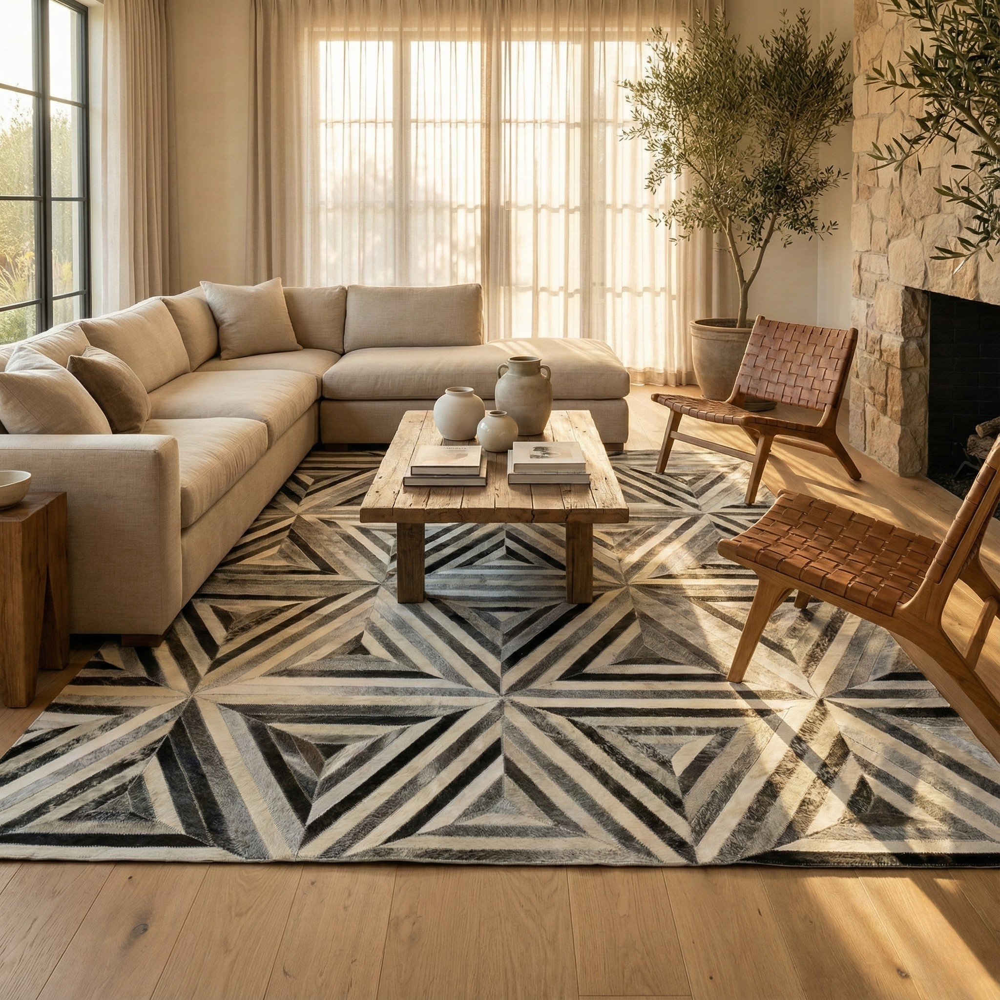 Siyah Beyaz Gri Geometrik Patchwork Dana Derisi Halı