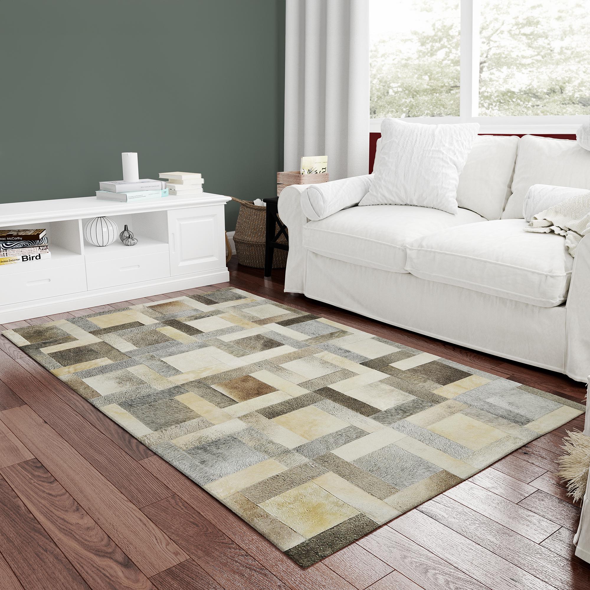 Bej Gri Dana Derisi Patchwork Halı – El Dokuma Gerçek Deri Lüks Koridor Halısı