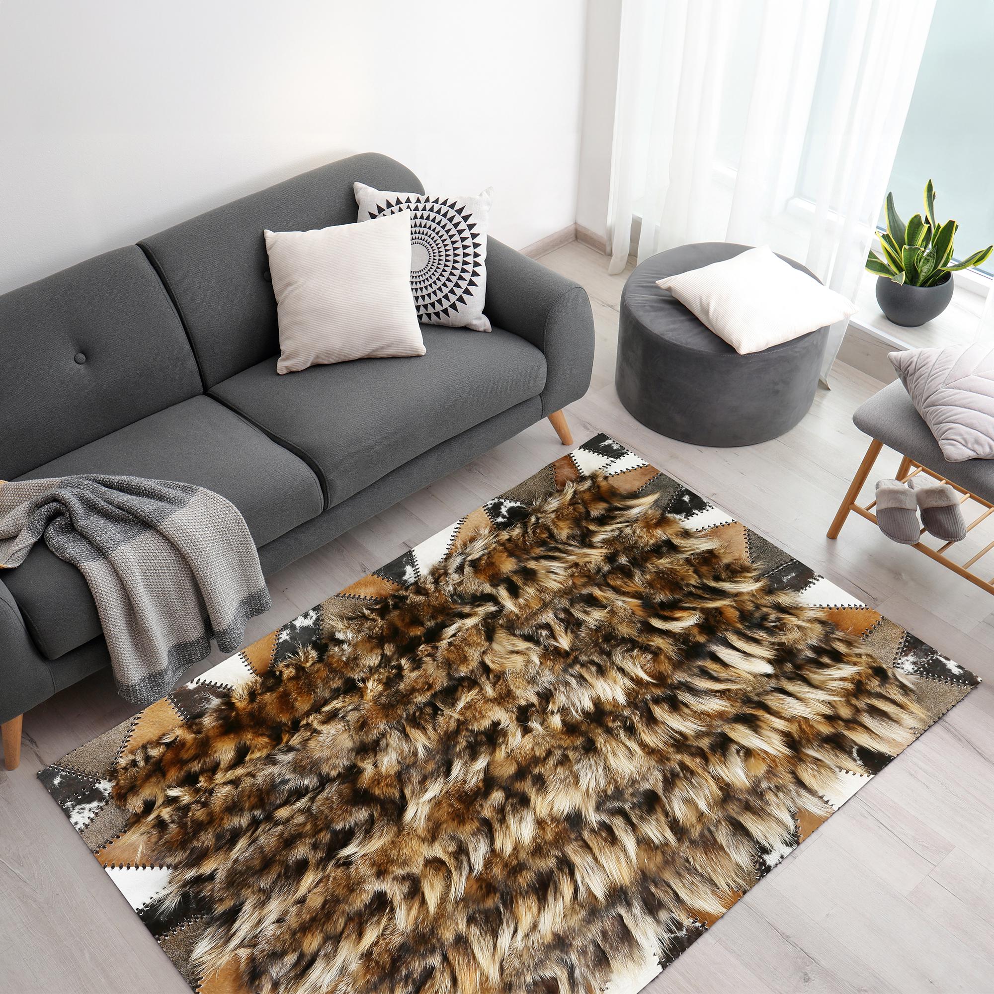Siyah Kahverengi Patchwork Tilki Kürkü Halı – El Yapımı Doğal Kürk Salon Halısı
