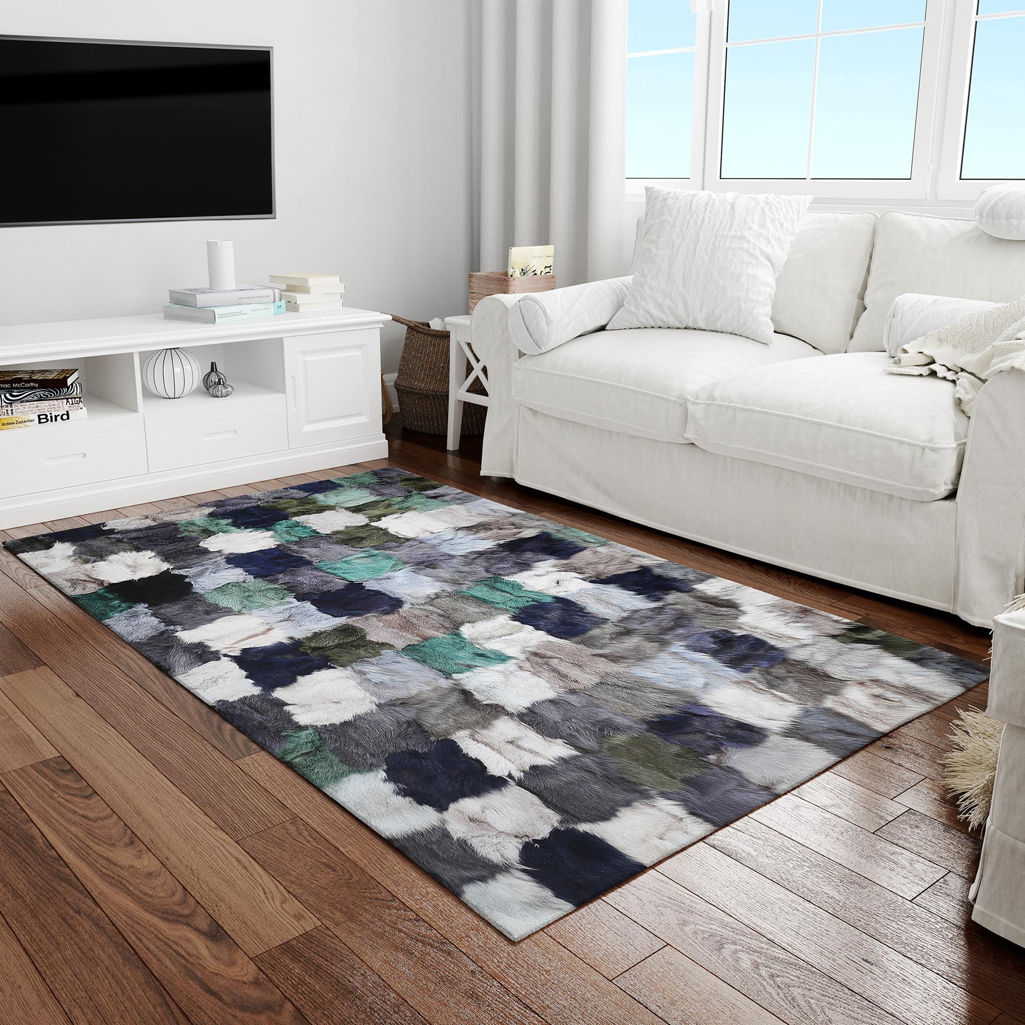 ri ve Yeşil Tonlarında Kare Desenli Gerçek Toskana Derisi Lüks Salon Halısı