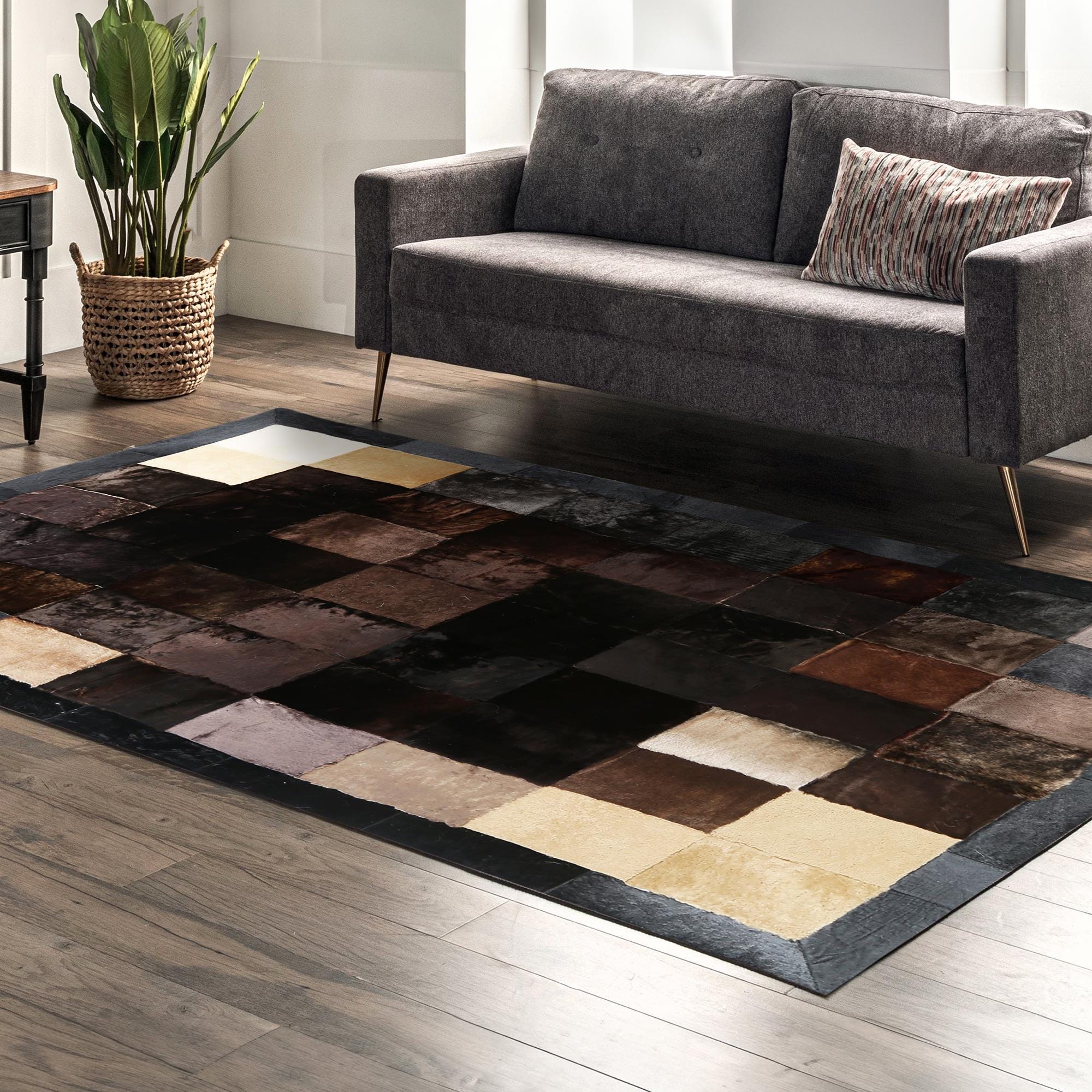 Siyah, Kahverengi, Doğal, Kahverengi Dana Derisi Patchwork Halı