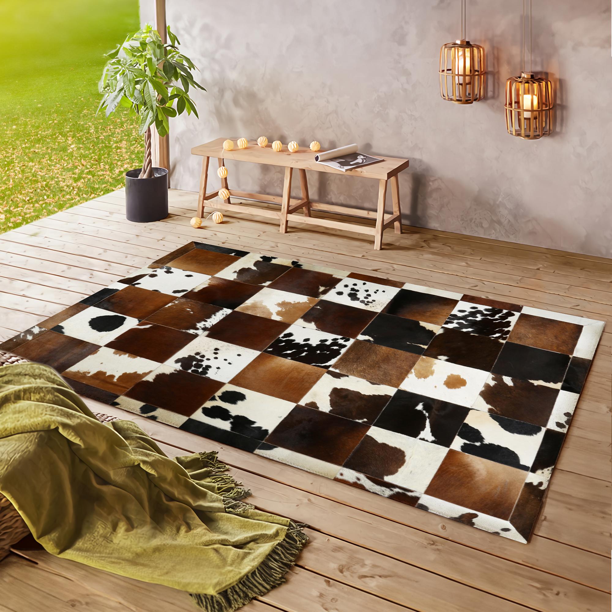 Kahverengi Doğal Dana Derisi Patchwork Halı – El Yapımı Gerçek Deri Kaymaz Mutfak Halısı