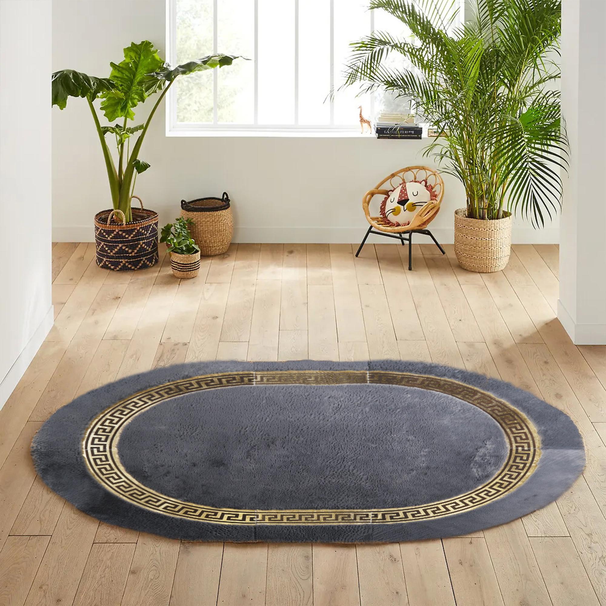 Gri Oval Altın Bordürlü Peluş Halı – Yumuşak Dokulu, Modern Tasarımlı, Kaymaz Tabanlı Salon, Koridor ve Yatak Odası Halısı