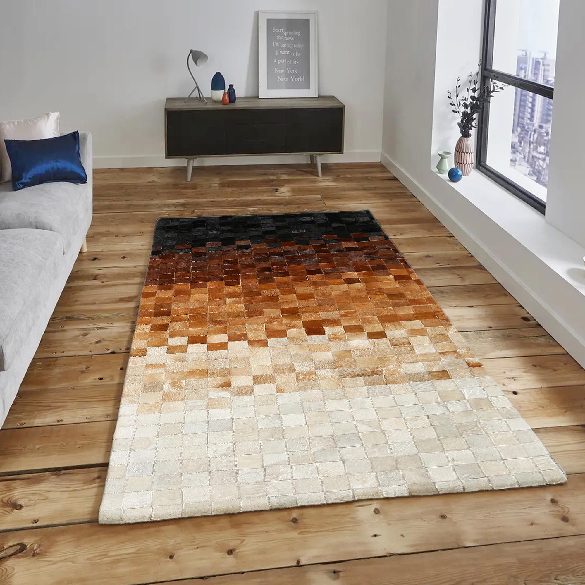 Kahverengi Bej Dana Derisi Patchwork Halı – El Dokuma Gerçek Deri Şık Koridor Halısı