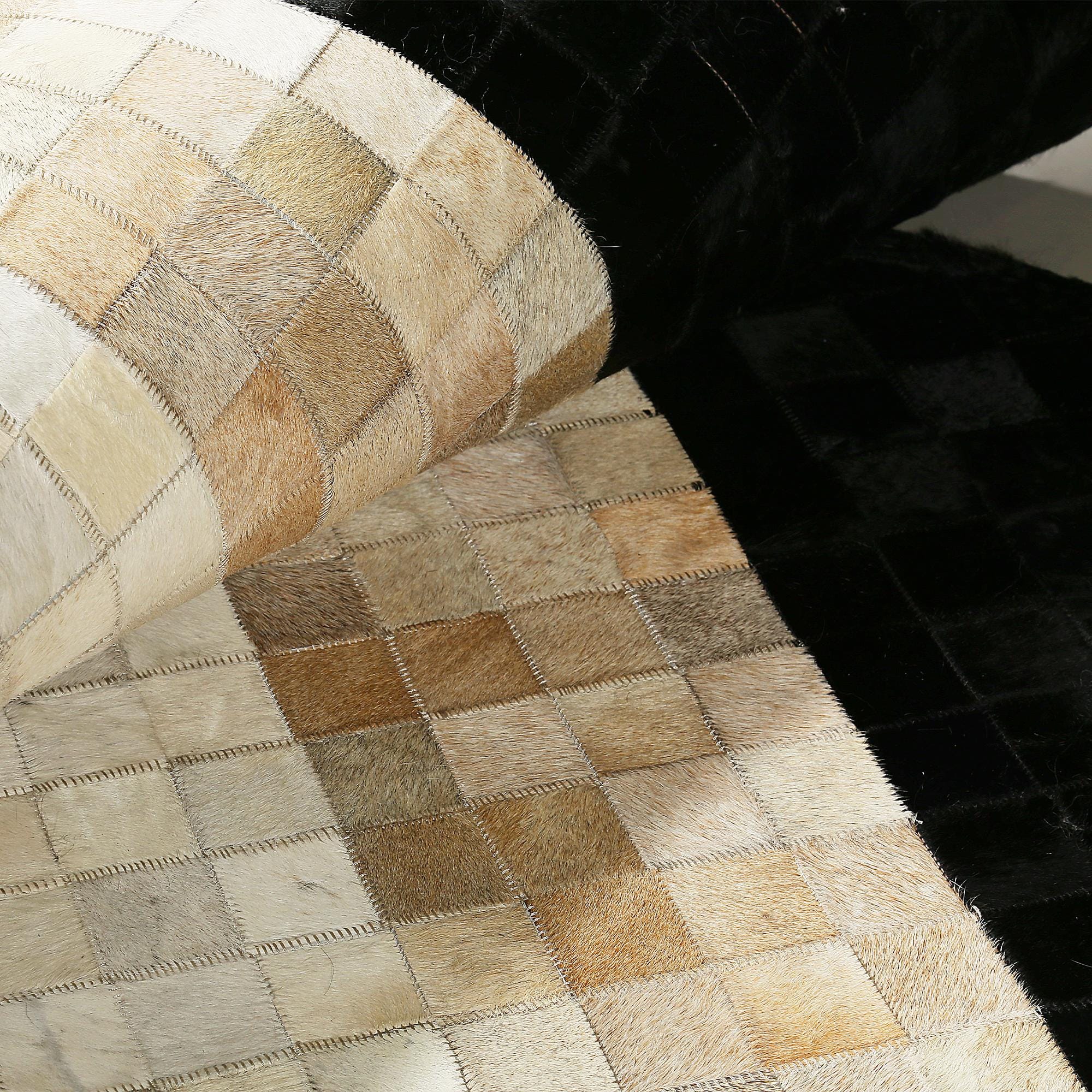 Bej Siyah Doğal Dana Derisi Patchwork Halı