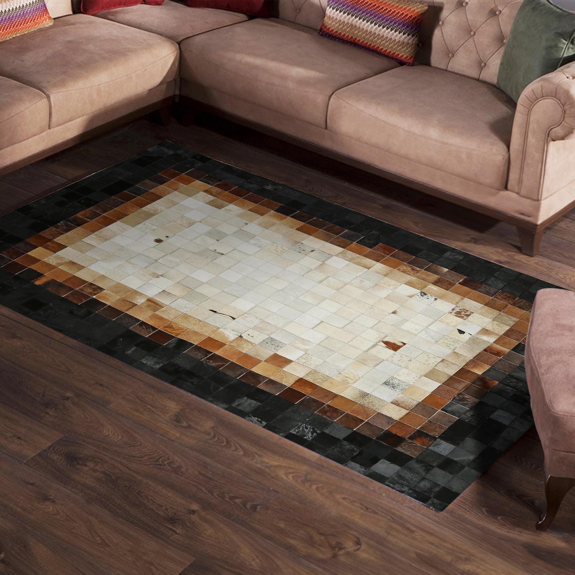 Bej Kahverengi Siyah Doğal Dana Derisi Halı – Hakiki Deriden El Yapımı Lüks Salon Halısı