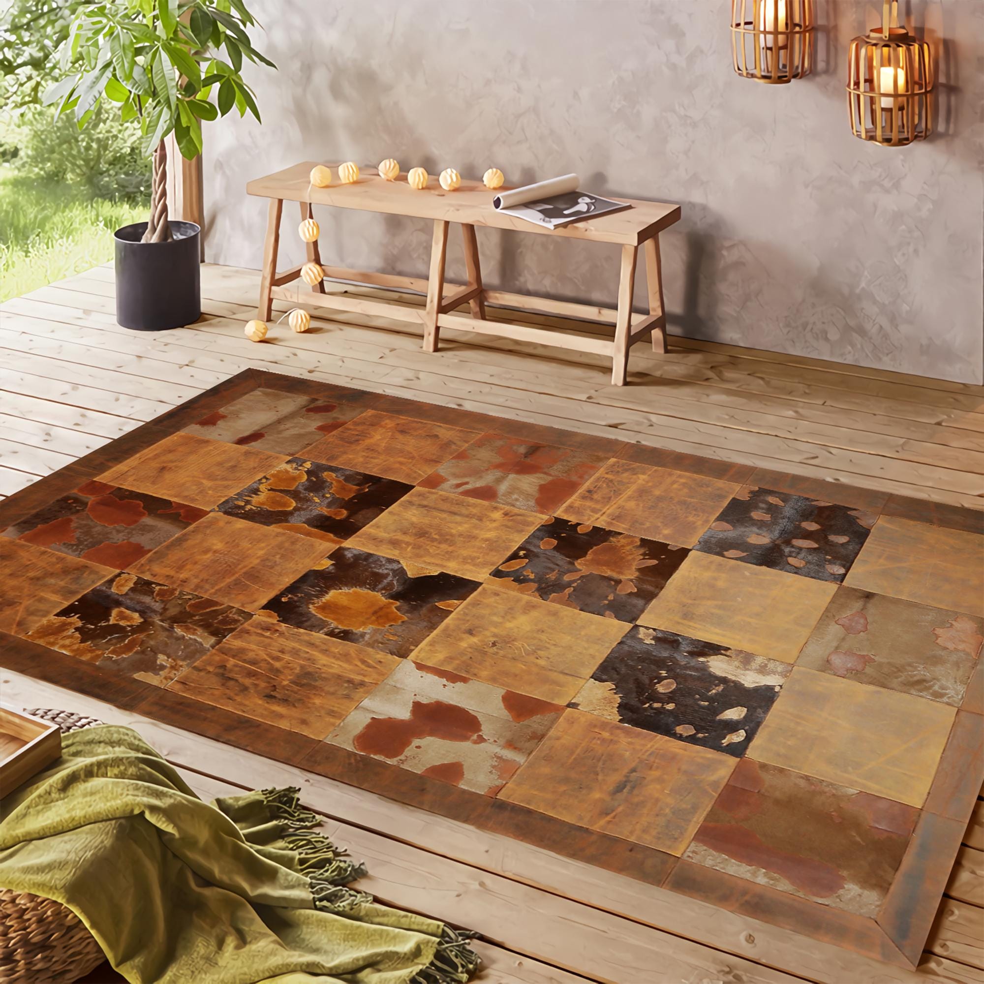 Kahverengi Doğal Dana Derisi Patchwork Halı – El Dokuma Hakiki Deri Dekoratif Halı