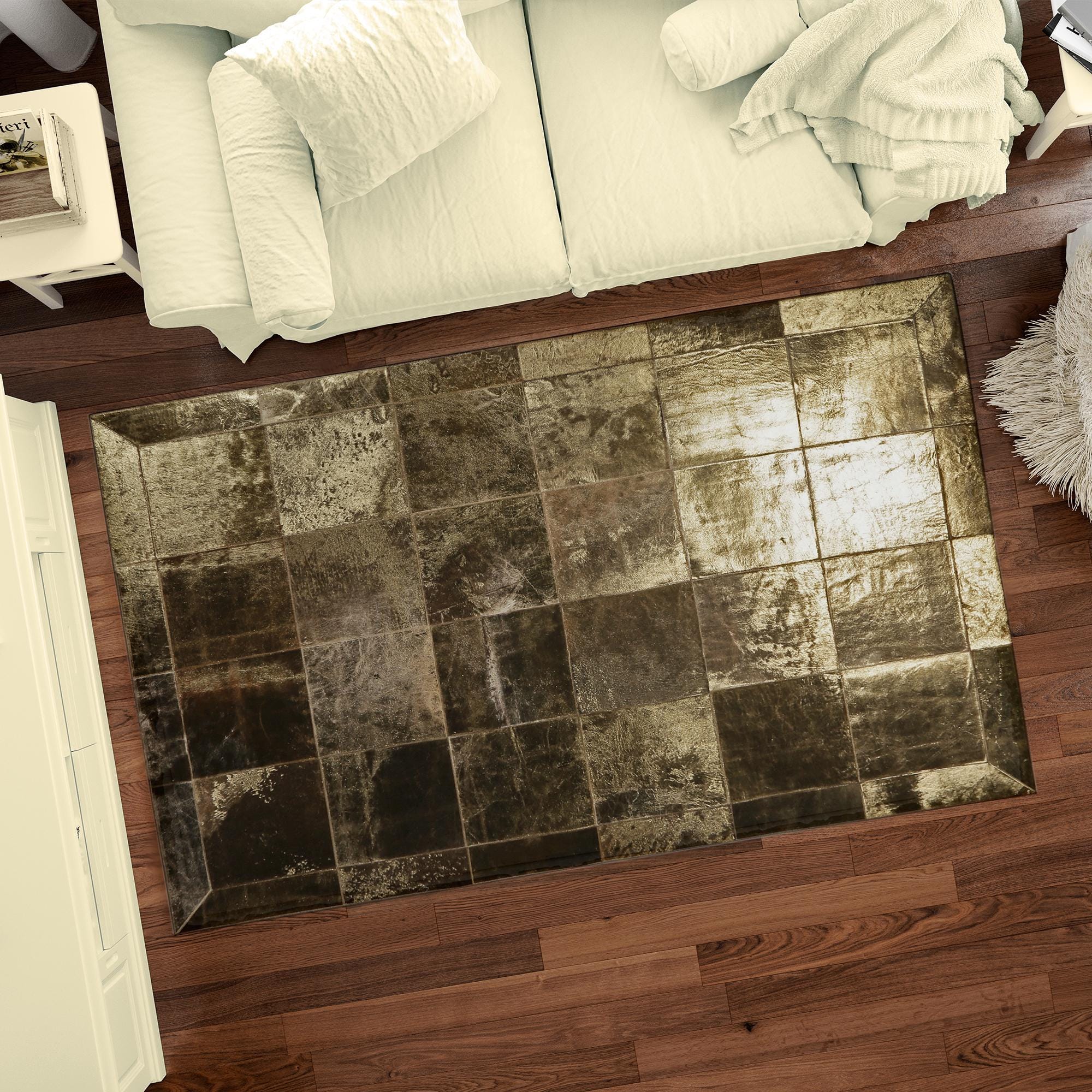 Altın Parıltılı Zeytin Yeşili Tonlarında Gerçek Dana Derisi Lüks Salon Halısı