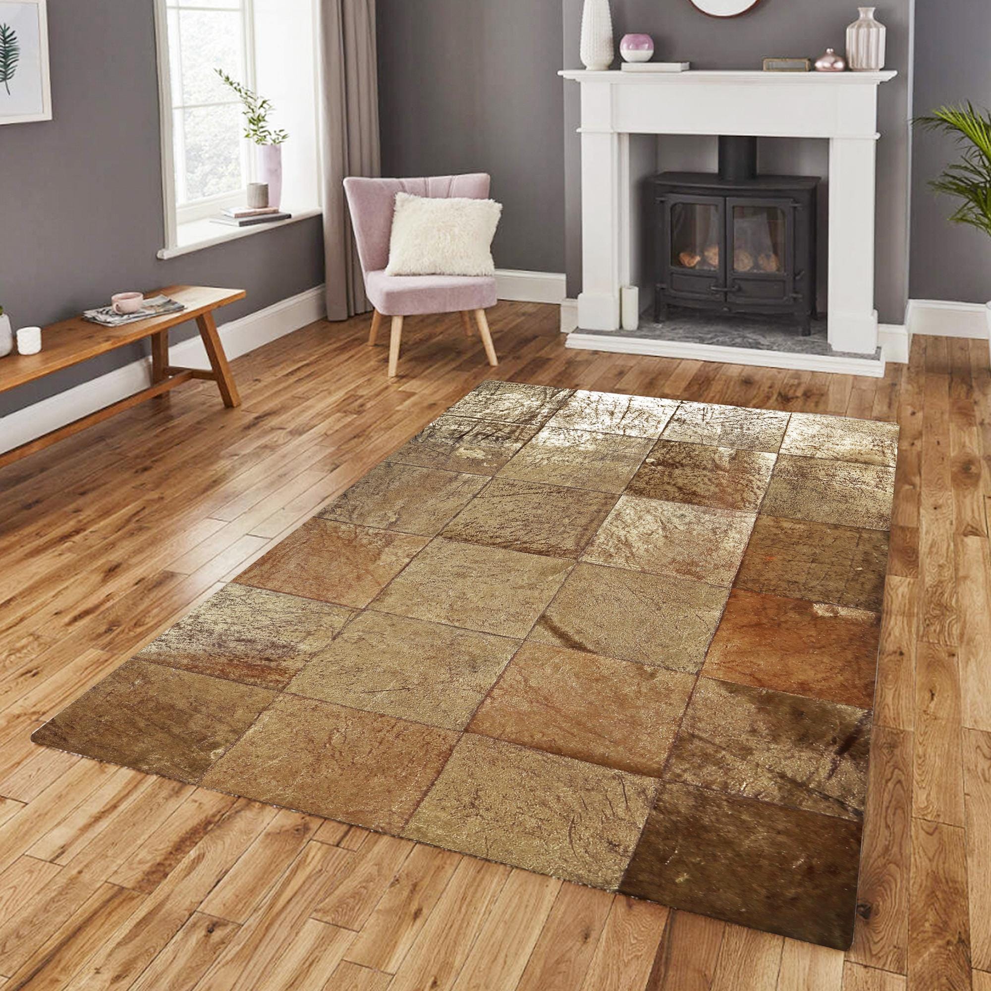 Altın ve Açık Kahverengi Dana Derisi Patchwork Halı