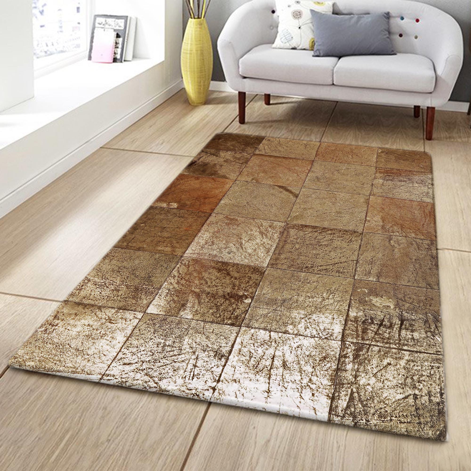 Altın ve Açık Kahverengi Dana Derisi Patchwork Halı