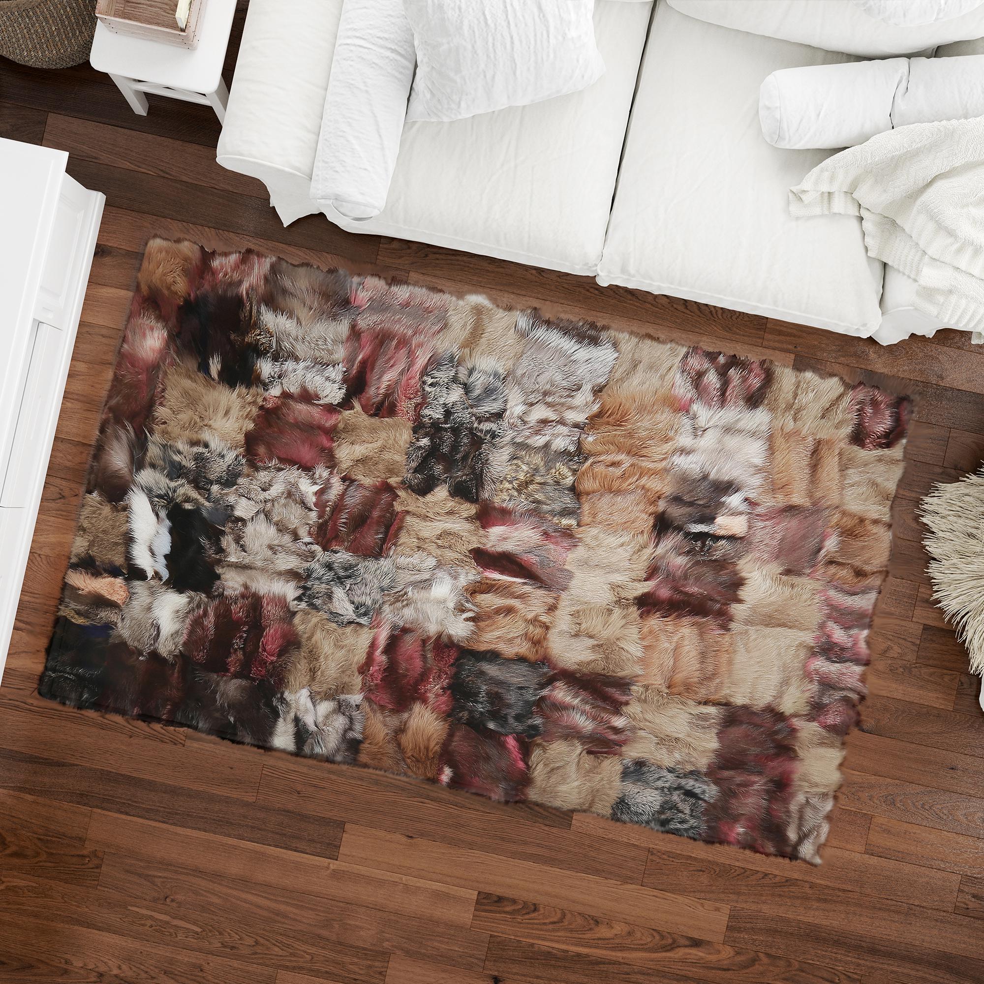 Çok Renkli Patchwork Tilki Kürkü Halı – El Yapımı Doğal Kürk Salon Halısı