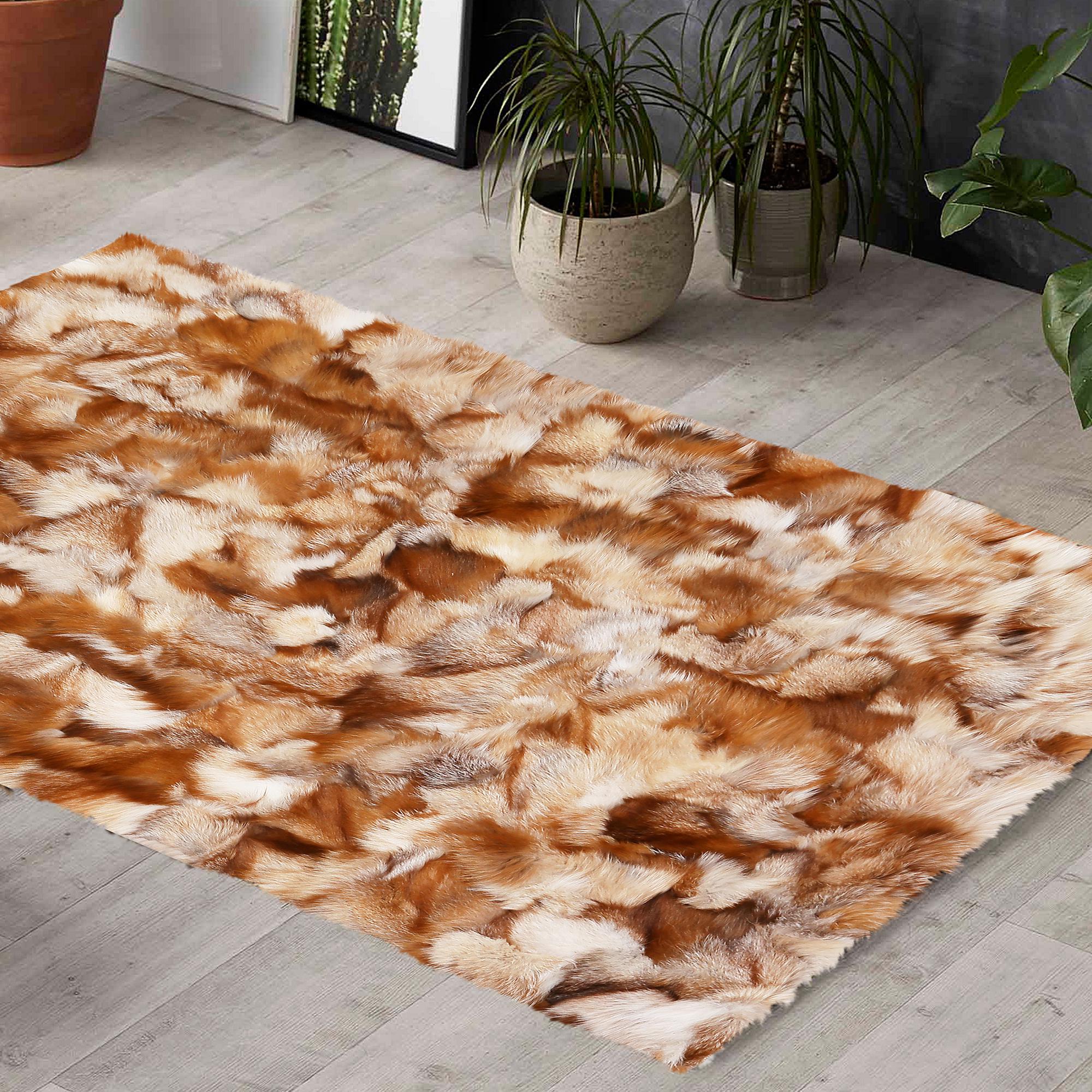 El Yapımı Kahverengi ve Krem Tilki Kürkü Halı