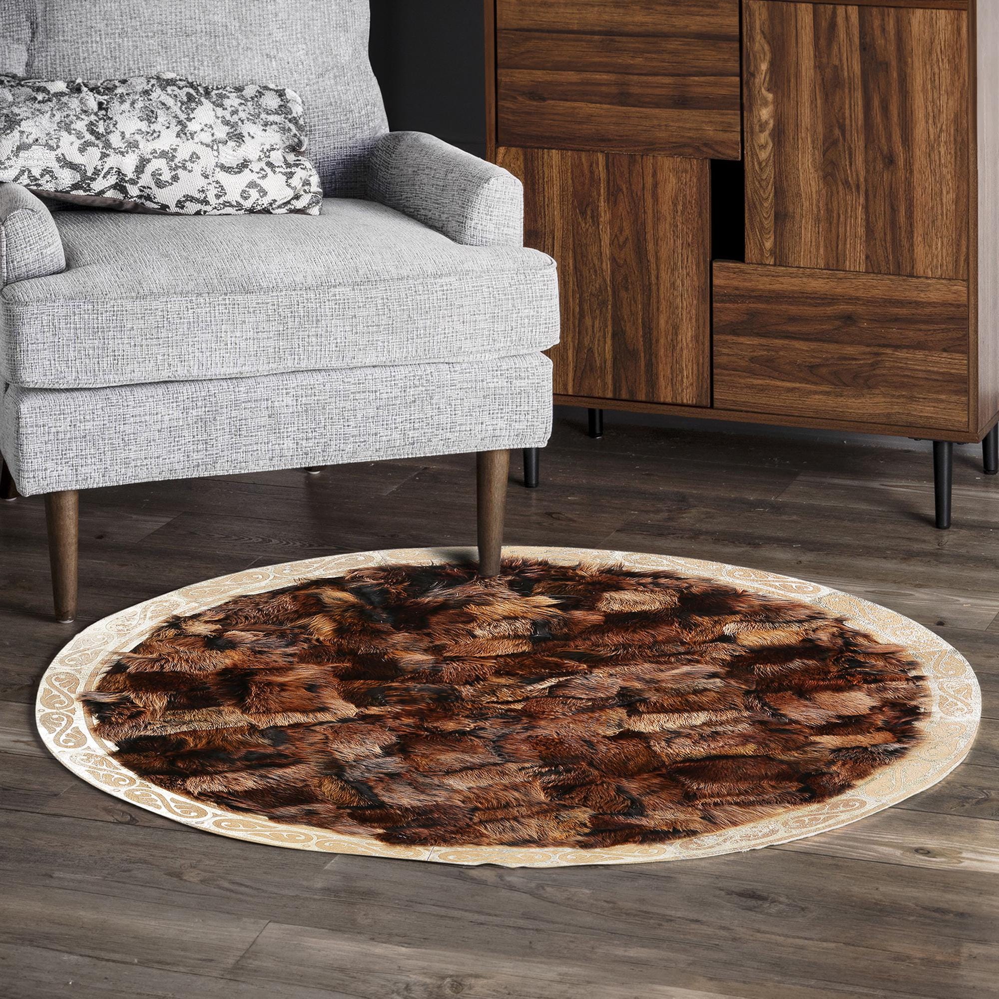 Koyu Kahverengi Yuvarlak Deri Halı - Lüks Salon Halısı