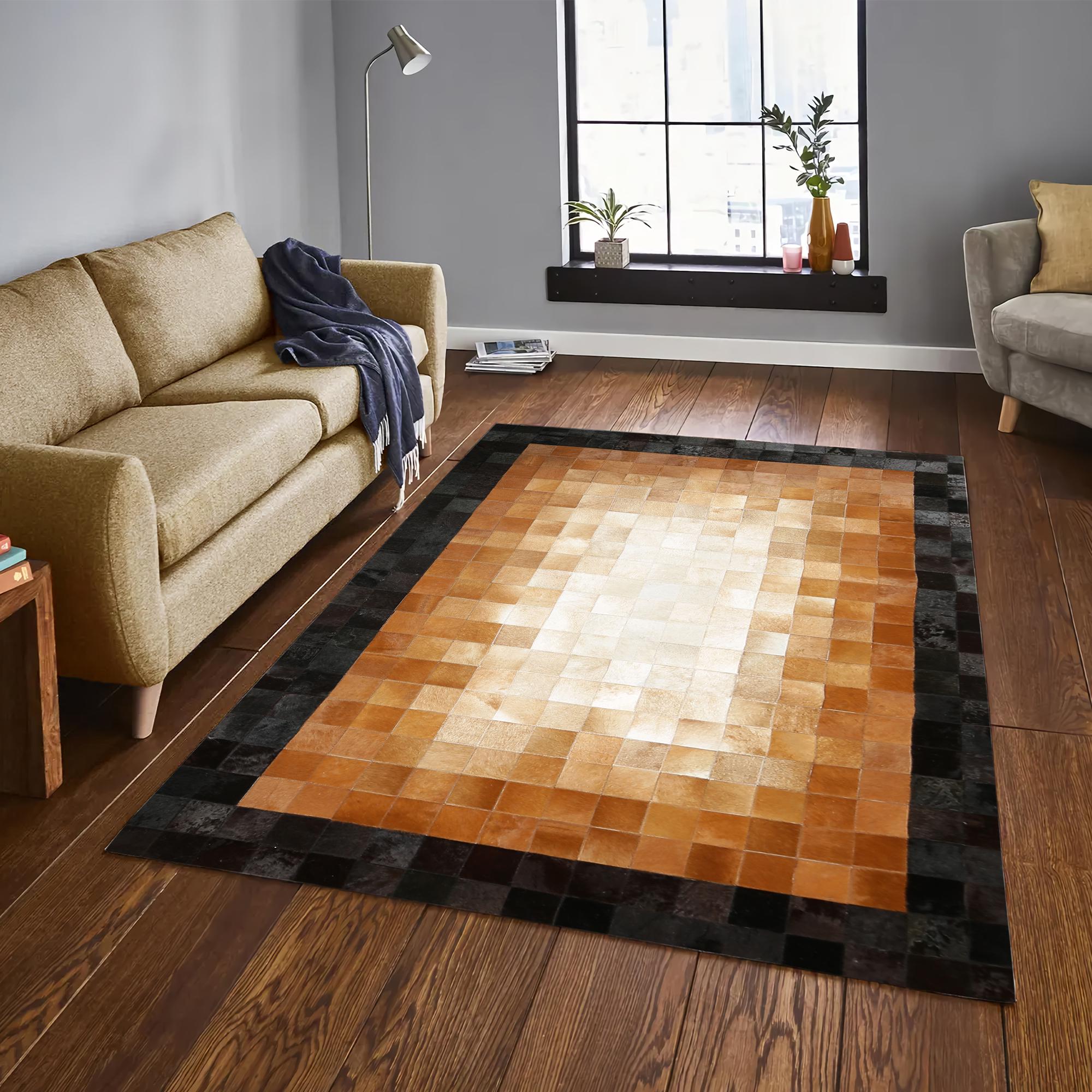 Kahverengi Bej Siyah Dana Derisi Patchwork Halı – El Dokuma Hakiki Deri Dekoratif Salon Halısı