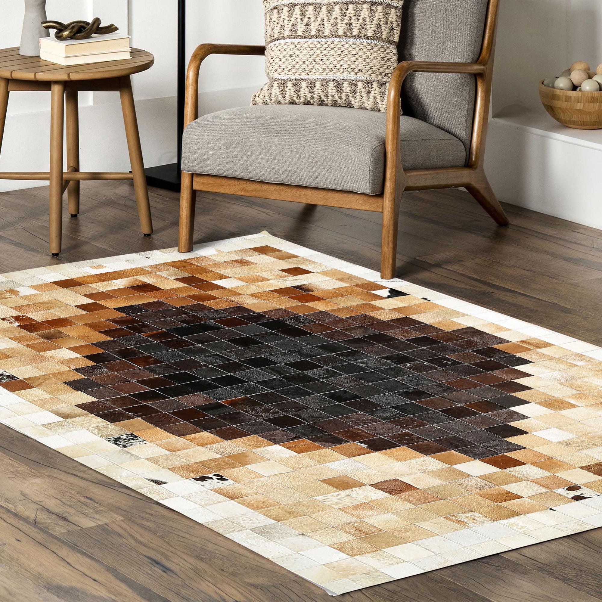 Kahverengi Bej Dana Derisi Patchwork Halı – El Yapımı Hakiki Deri Kaymaz Koridor Halısı