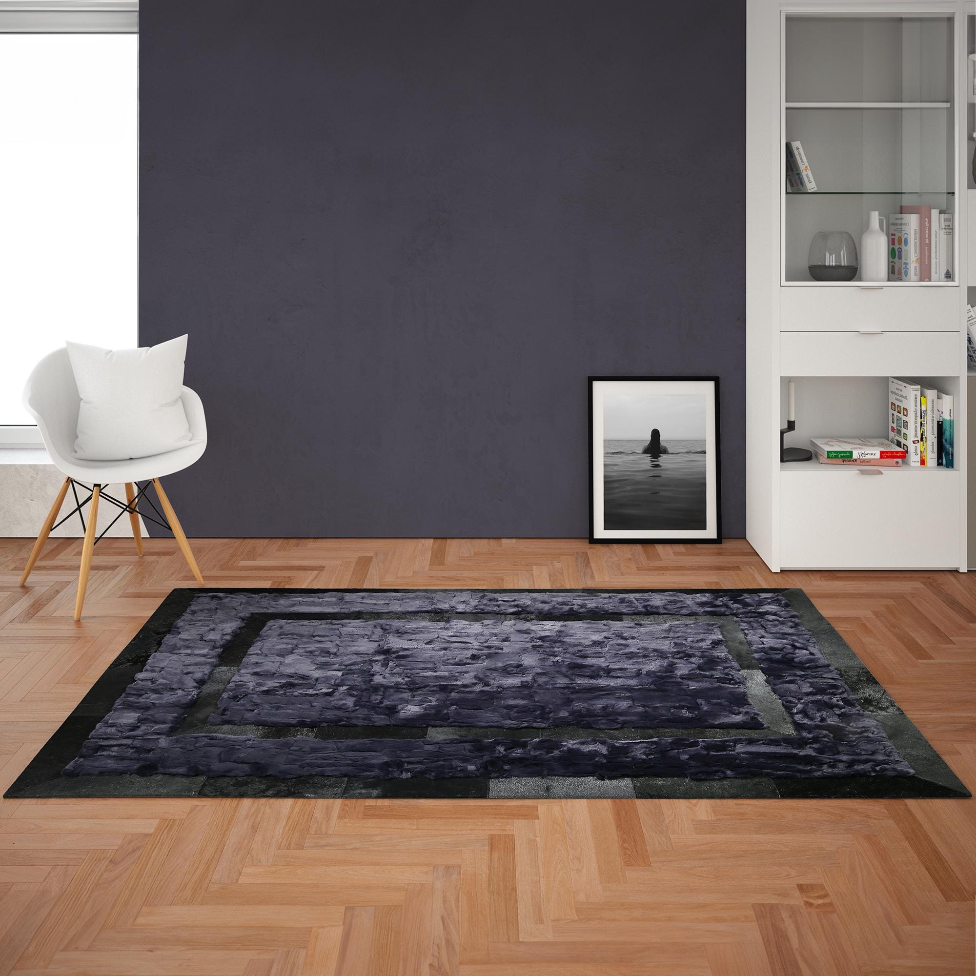 Siyah Lacivert Peluş Halı – Modern Dikdörtgen Yumuşak Halı, El Yapımı Lüks Salon Halısı, Dekoratif Peluş Halı
