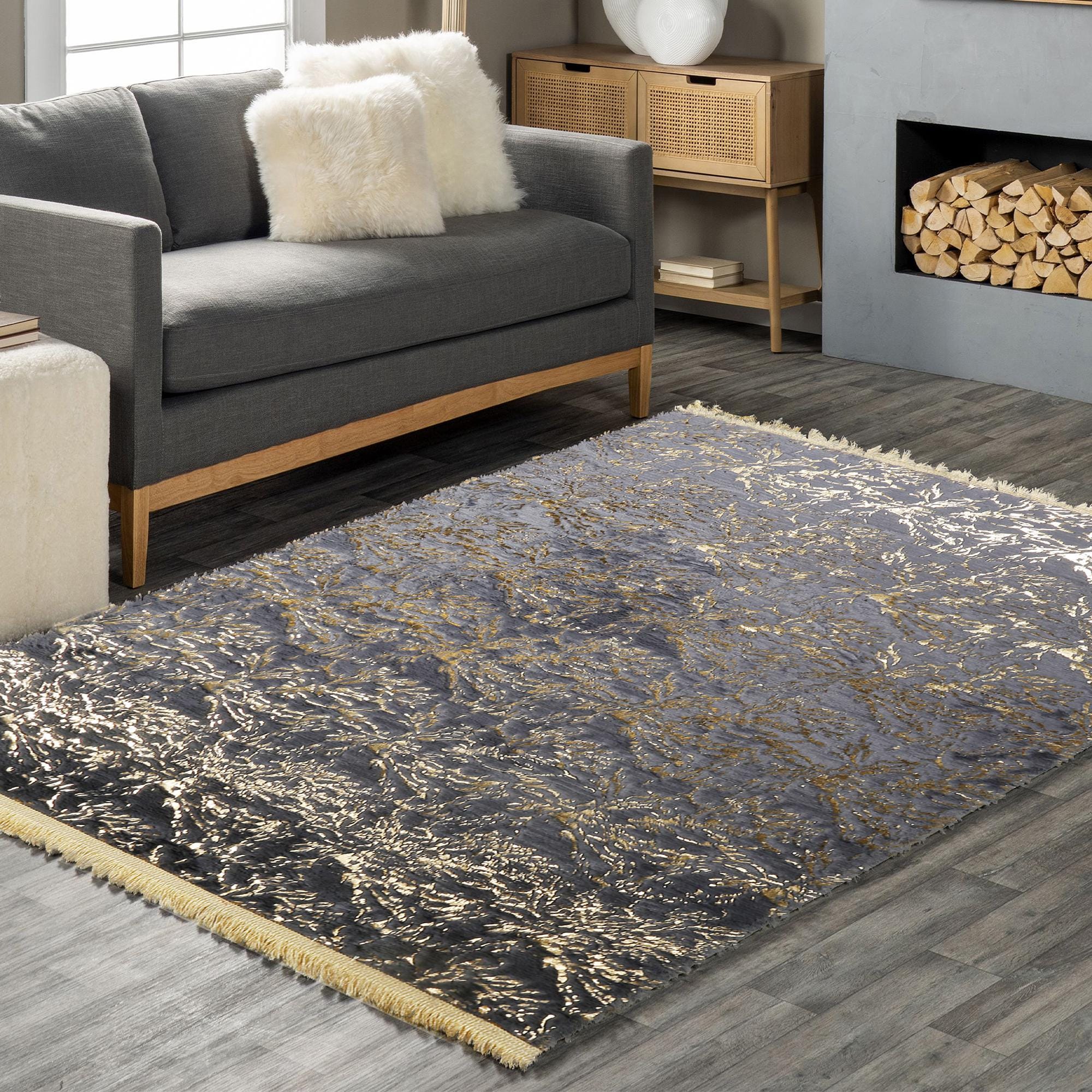 Gri Zeminli Altın Mermer Desenli Yumuşak Dokulu Peluş Lüks Salon Halısı