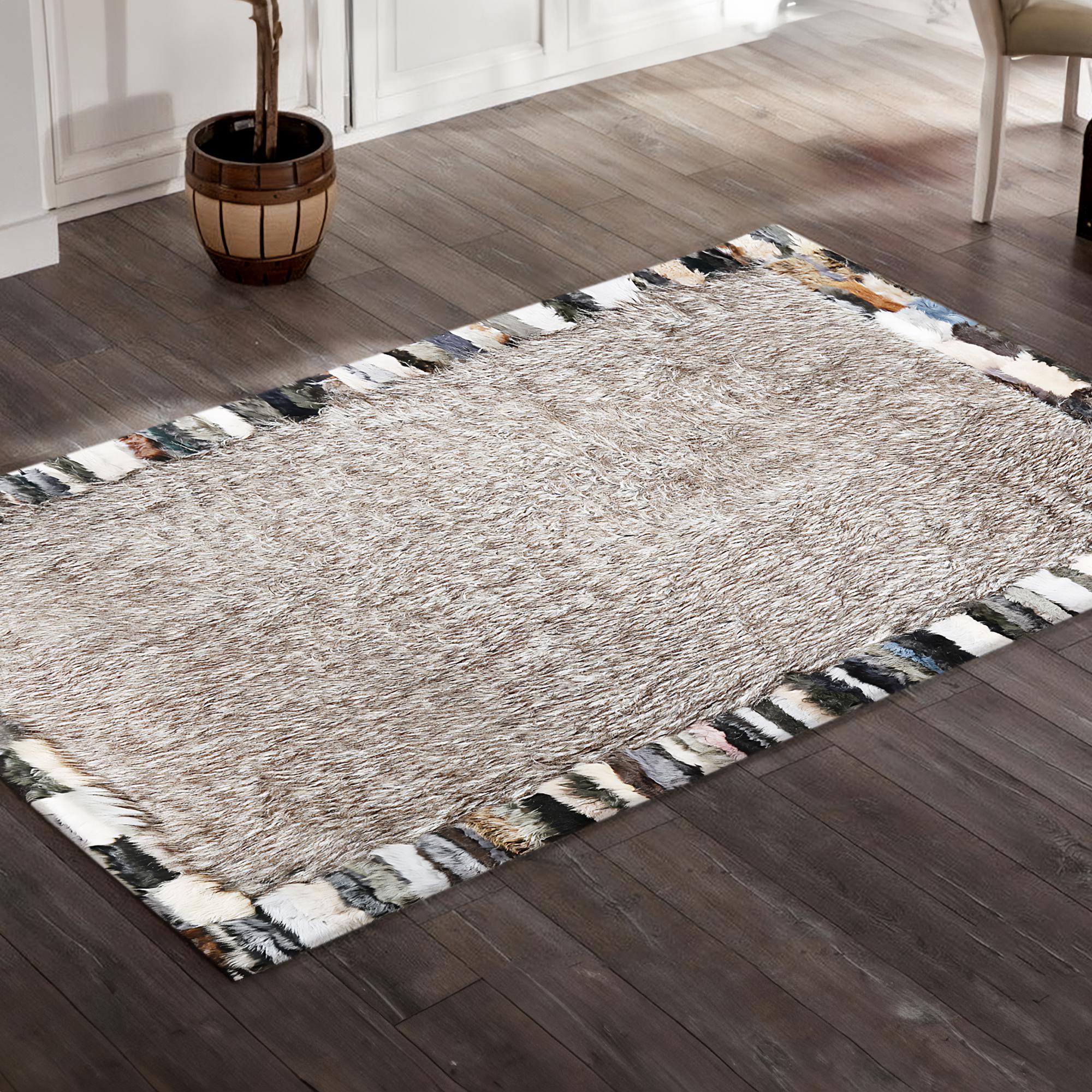 Bej Toskana Derisi Halı – Çok Renkli Kenarlı El Yapımı Patchwork Hakiki Deri Lüks Halı