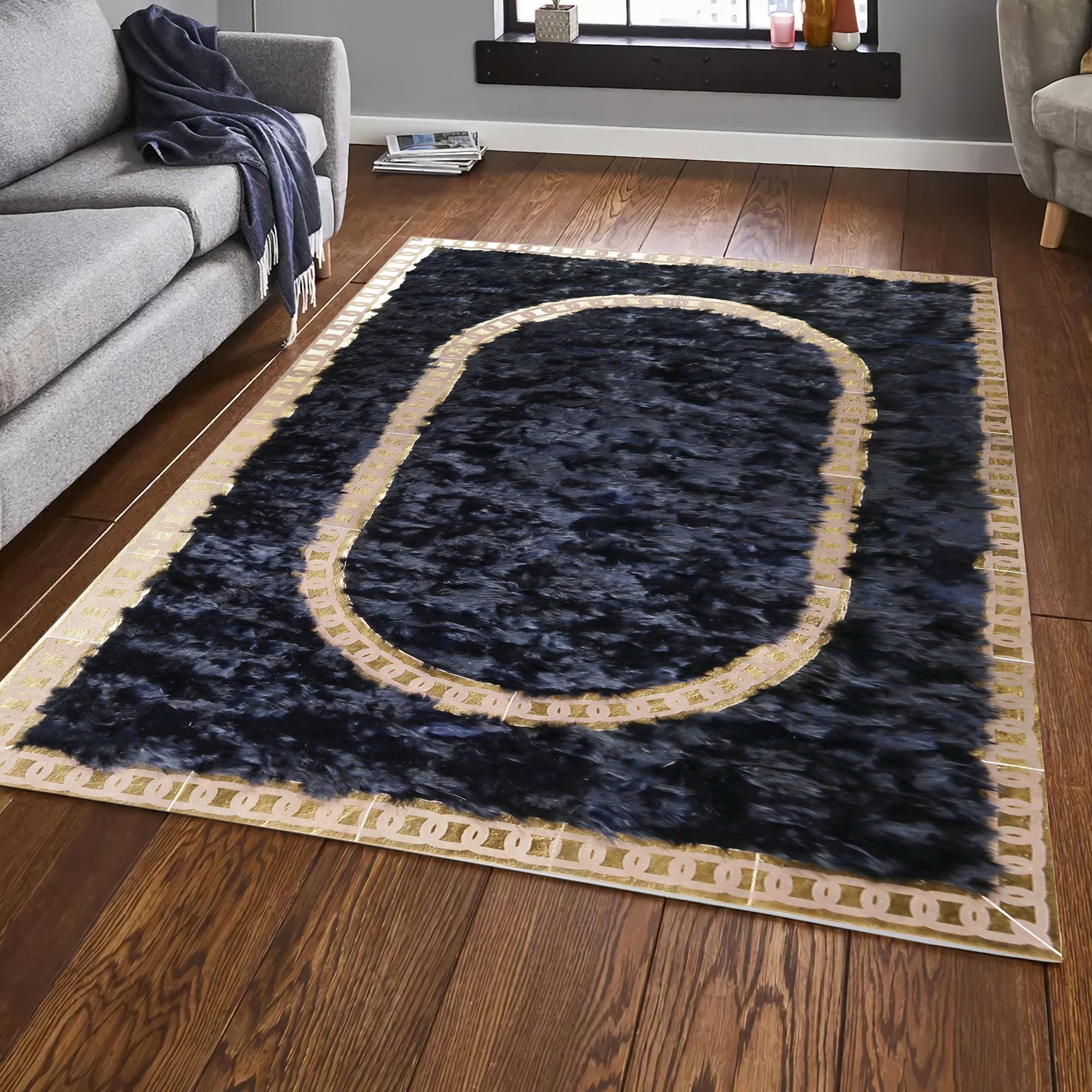 Toskana Derisi Halı – Lacivert Zeminli, Altın Oval Desenli, El Yapımı Patchwork, Hakiki Doğal Deriden Özel Ölçü Halı