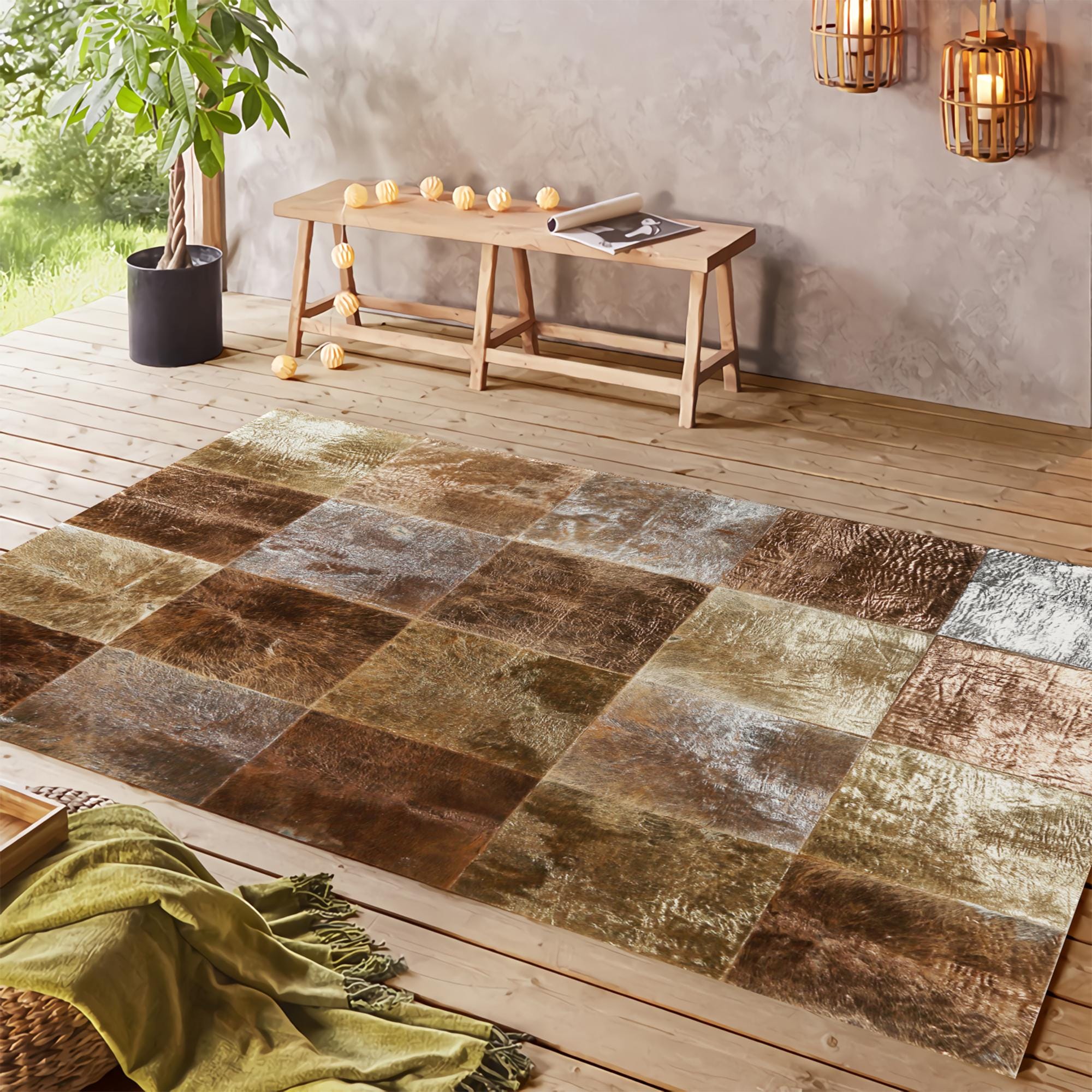 Doğal Kahverengi Dana Derisi Patchwork Halı – El Yapımı Hakiki Deri Lüks Ev Dekorasyonu Halısı