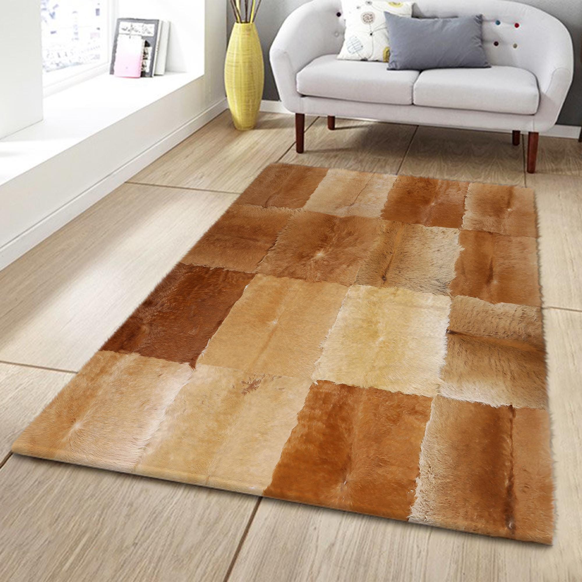 Açık Kahverengi Doğal Dana Derisi Patchwork Halı – El Yapımı Gerçek Deri Dekoratif Salon Halısı