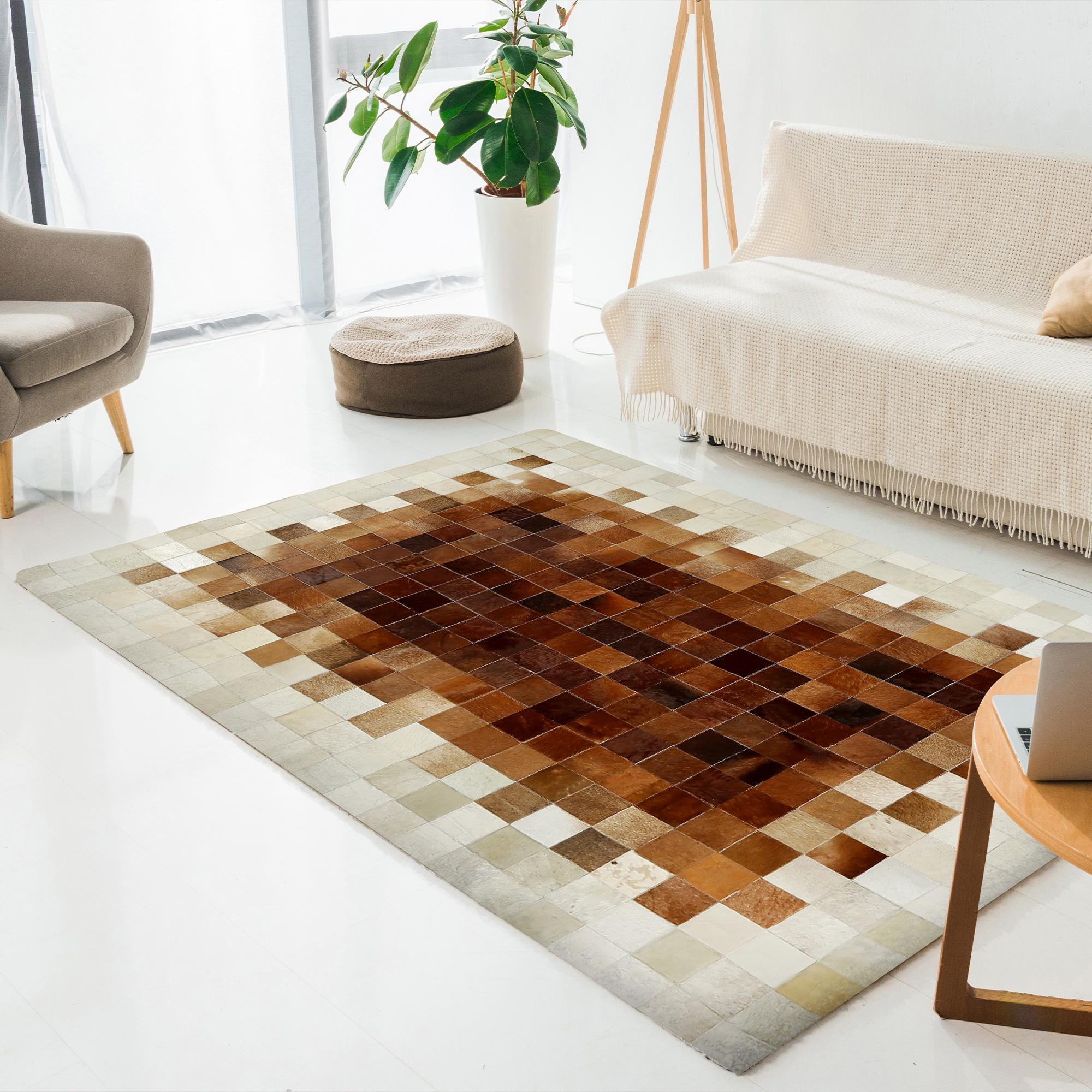 Kahverengi Krem Degrade Patchwork Dana Derisi Halı | El Yapımı Hakiki Deri Halı