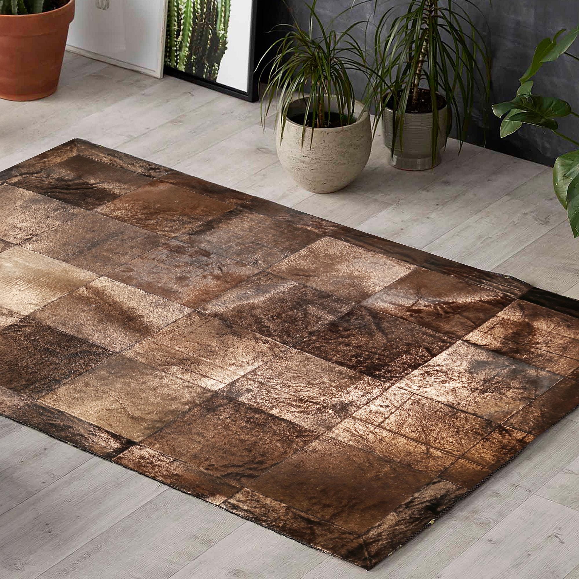 Bronz Parlak Patchwork Dana Derisi Halı | El Yapımı Hakiki Deri Lüks Halı