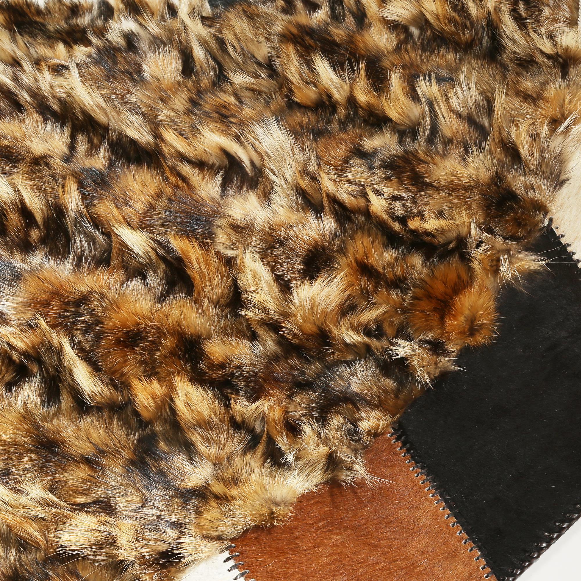 Kahverengi ve Krem Renkli Desenli Yuvarlak Patchwork Gerçek Toskana Derisi Halı