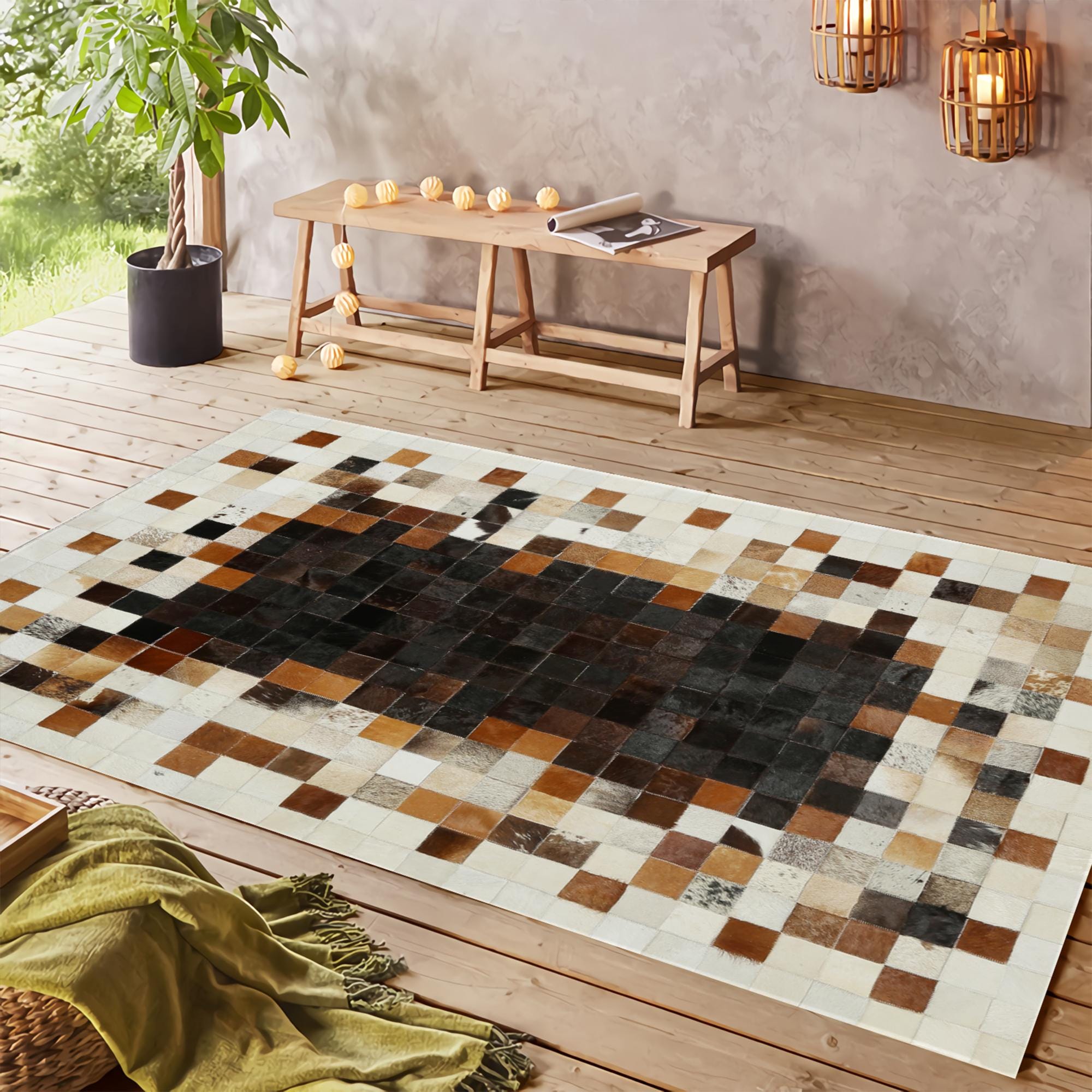 Kare Desenli Kahverengi ve Krem Dana Derisi Halı