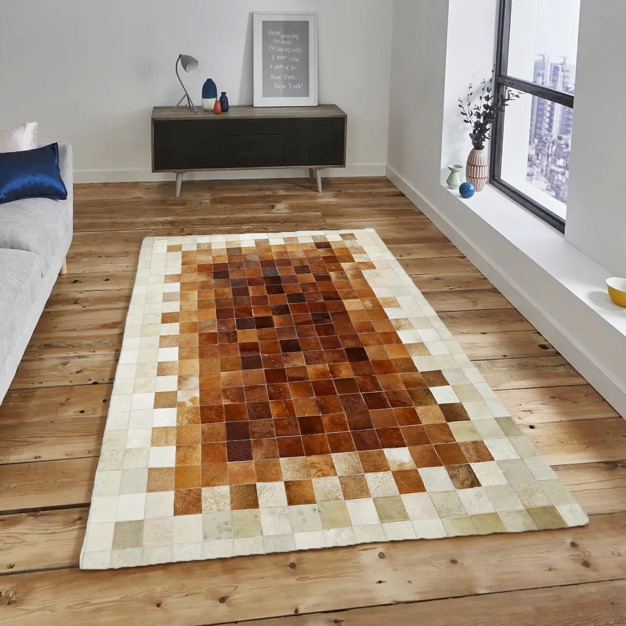 Kahverengi Dana Derisi Patchwork Halı - Şık Doğal Dana Derisi