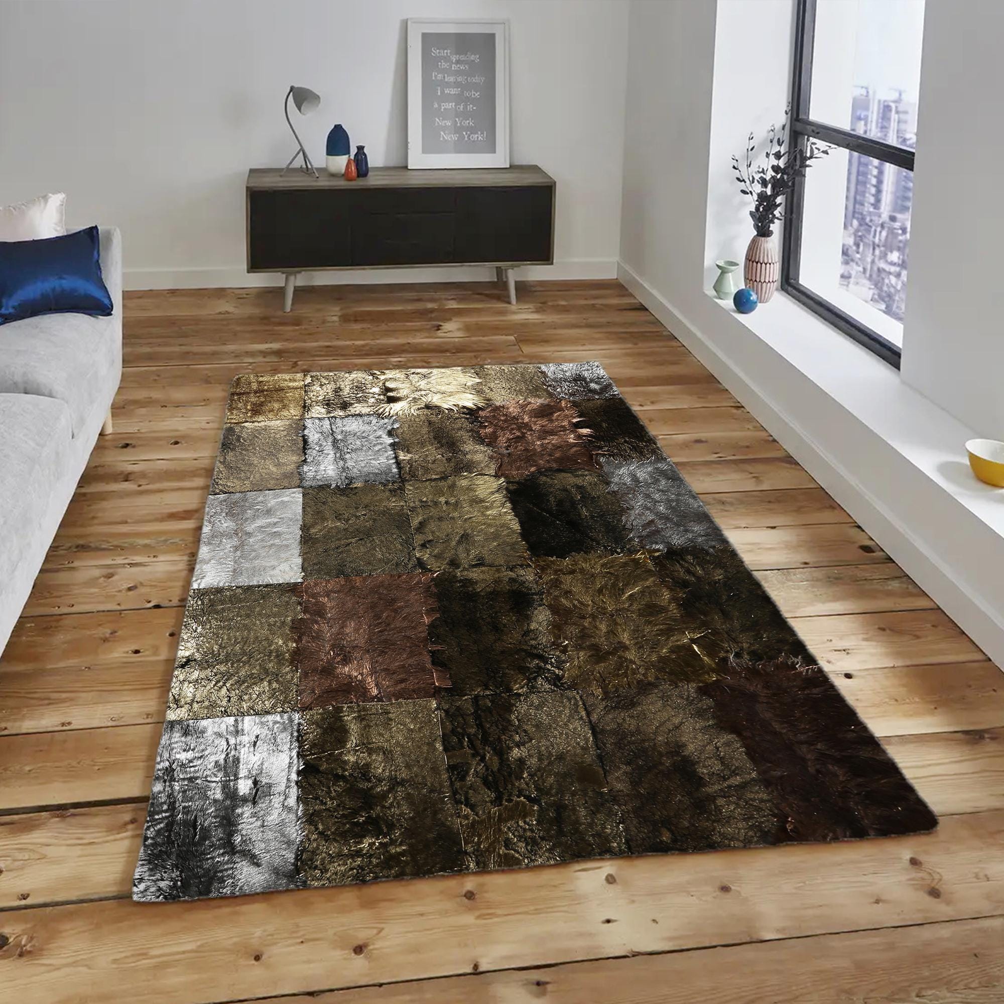 Altın Gümüş Dana Derisi Patchwork Halı – El Yapımı Hakiki Deri Lüks Ev Dekorasyonu Halısı