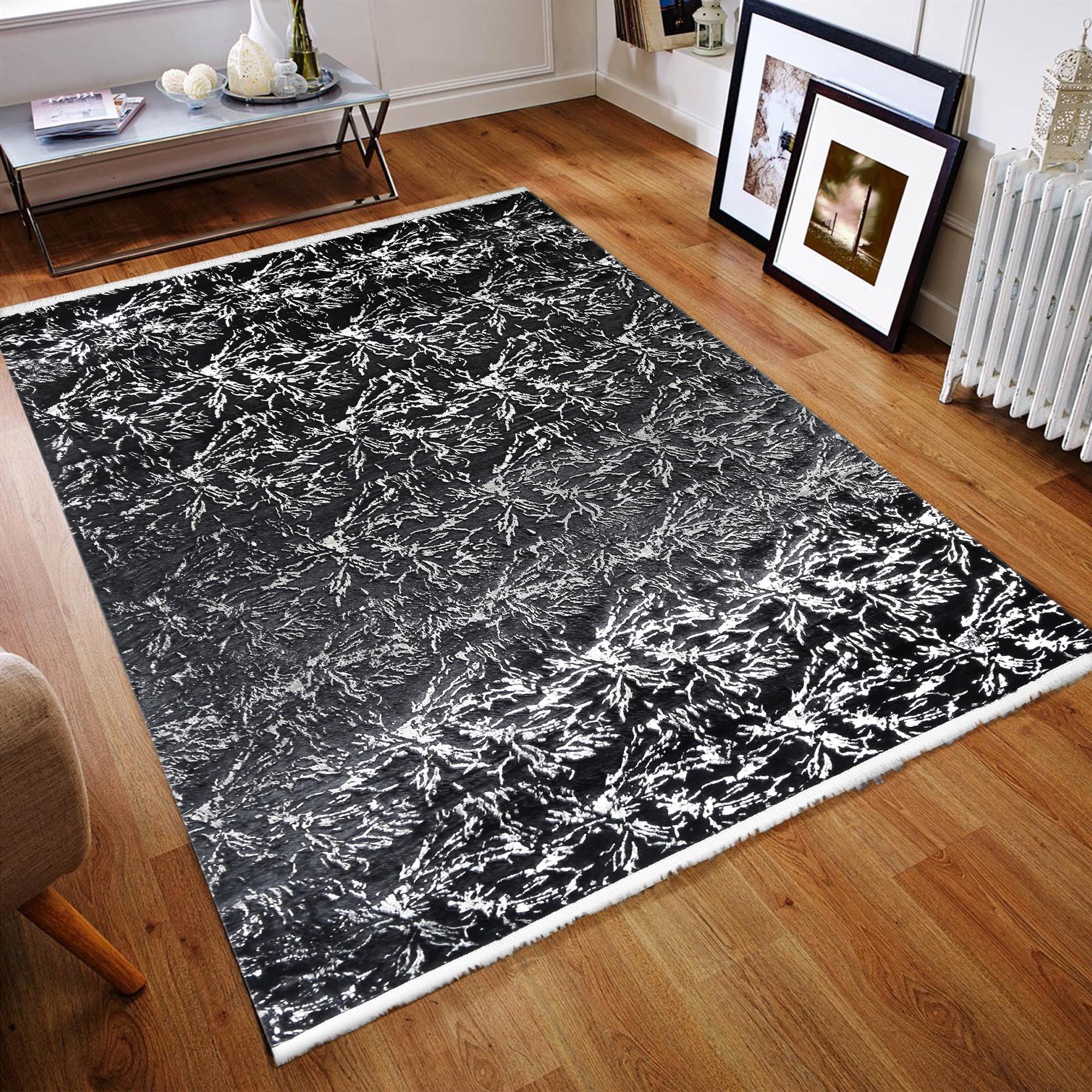 Siyah Mermer Desenli Modern Tarz Yumuşak Dokulu Peluş Lüks Salon Halısı