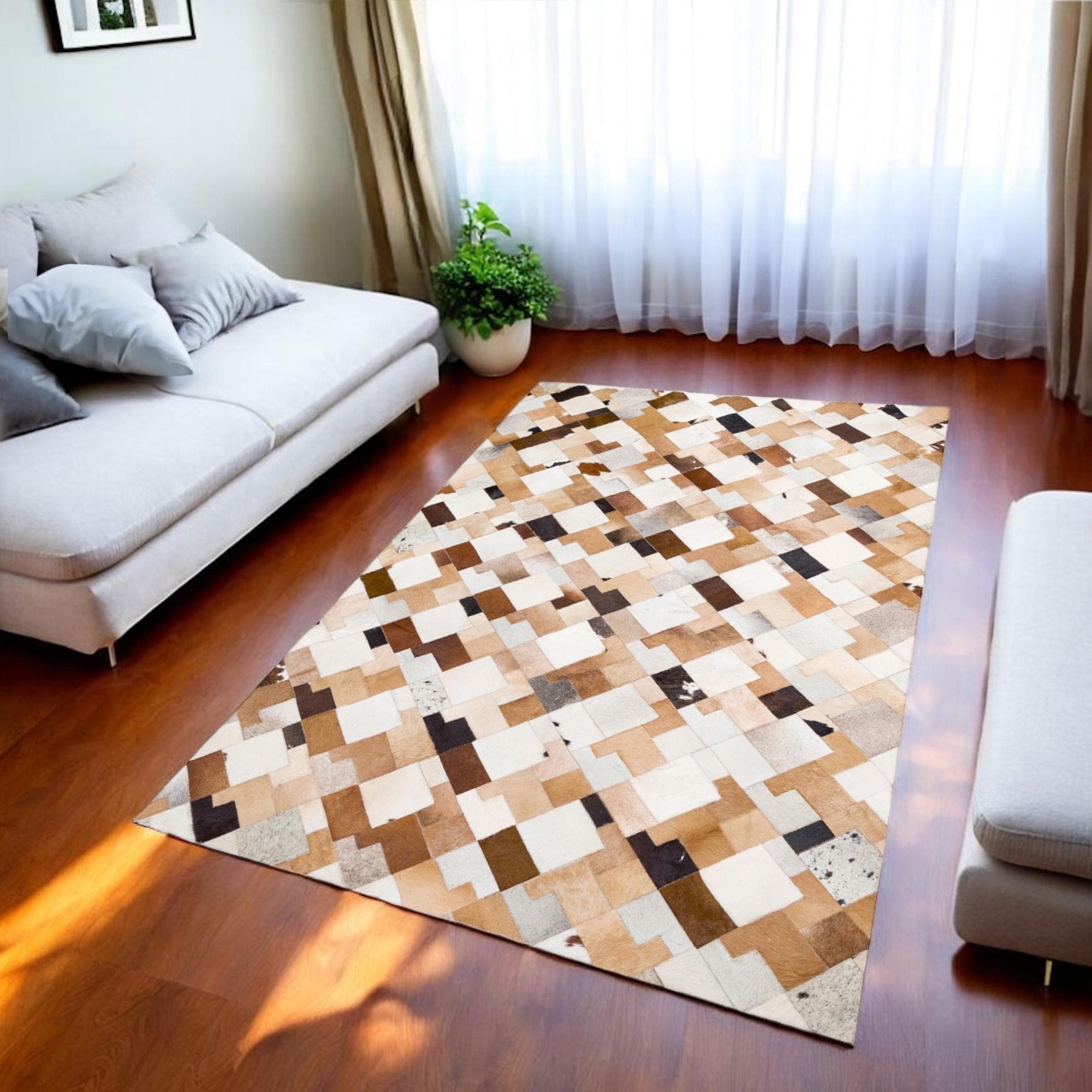 Dana Derisi Patchwork Halı – Kahve Tonlu El Yapımı Modern Salon Halısı