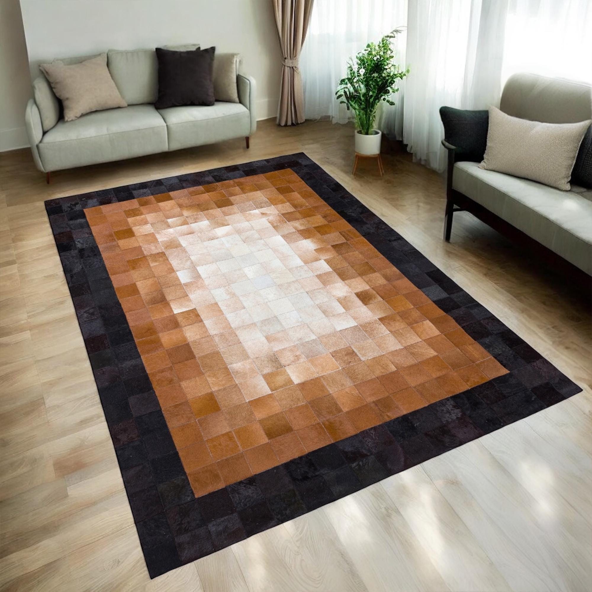 Doğal Renkli El Yapımı Dana Derisi Halı – Kahverengi Bej Siyah Desenli Büyük Halı