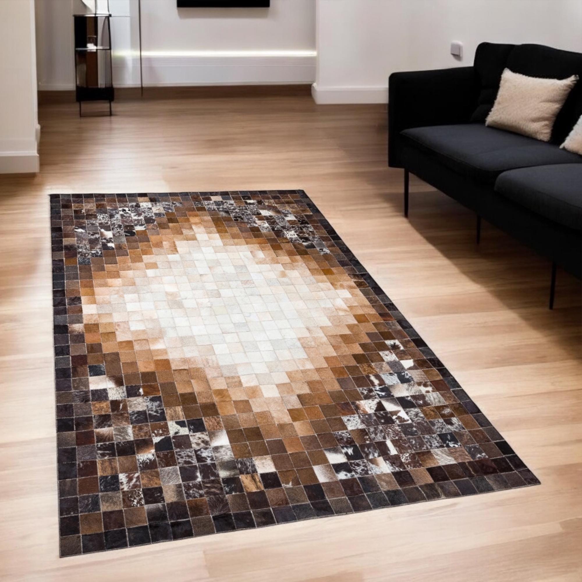 Kahverengi, Doğal Dana Derisi Patchwork Halı