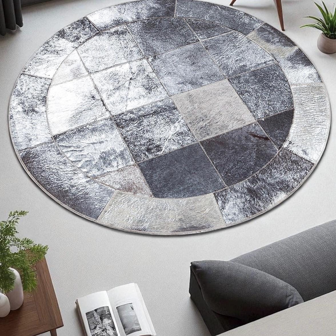 Parlak Gri Yuvarlak Dana Derisi Halı - Şık Salon Halısı