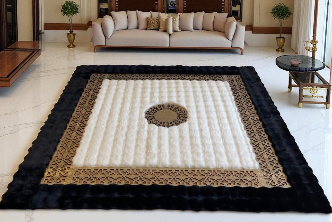 Siyah Krem Renkli Altın Desenli Yumuşak Peluş Halı