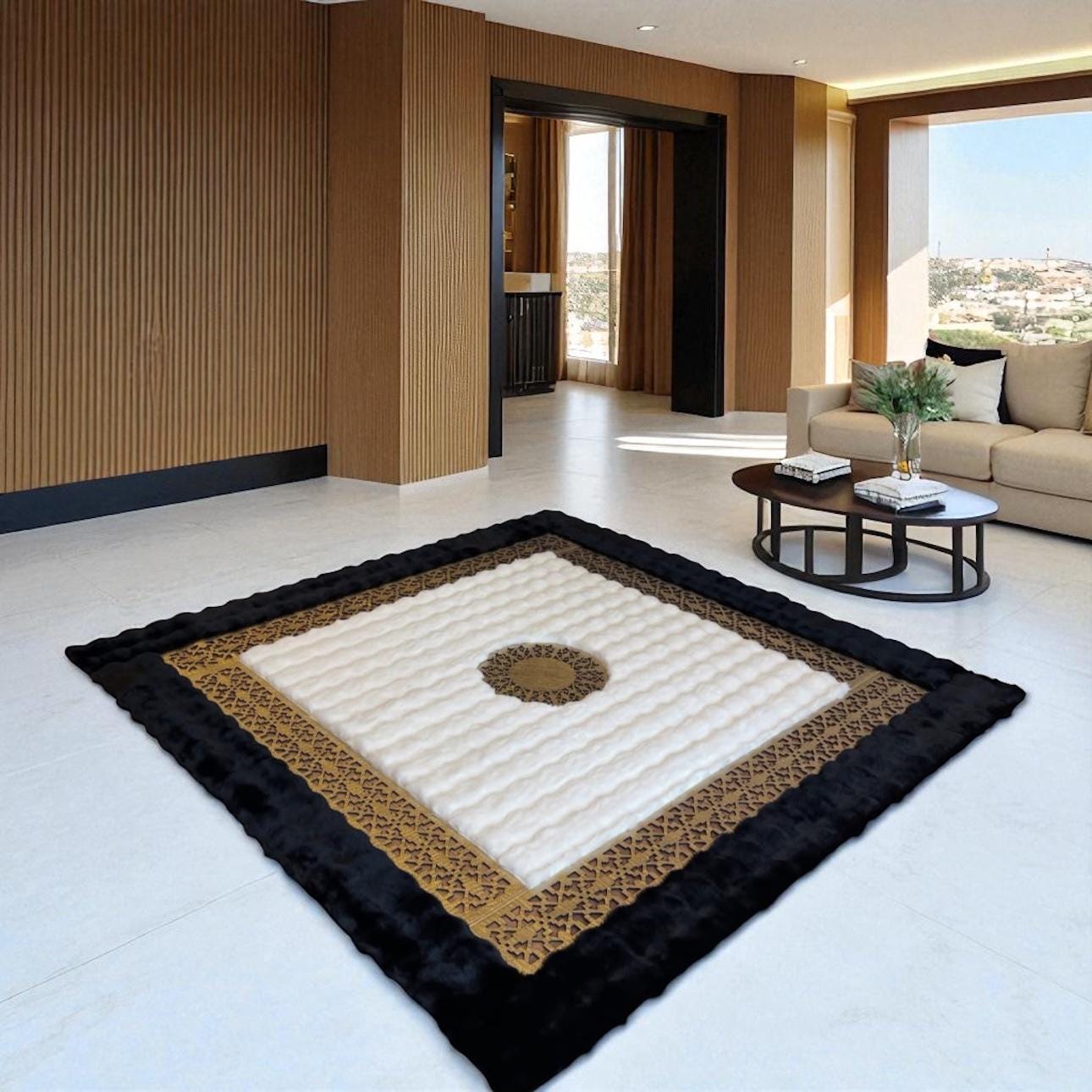 Altın Varaklı Modern Siyah Beyaz Peluş Halı - Üç Renk Yumuşak Oturma Odası Halısı