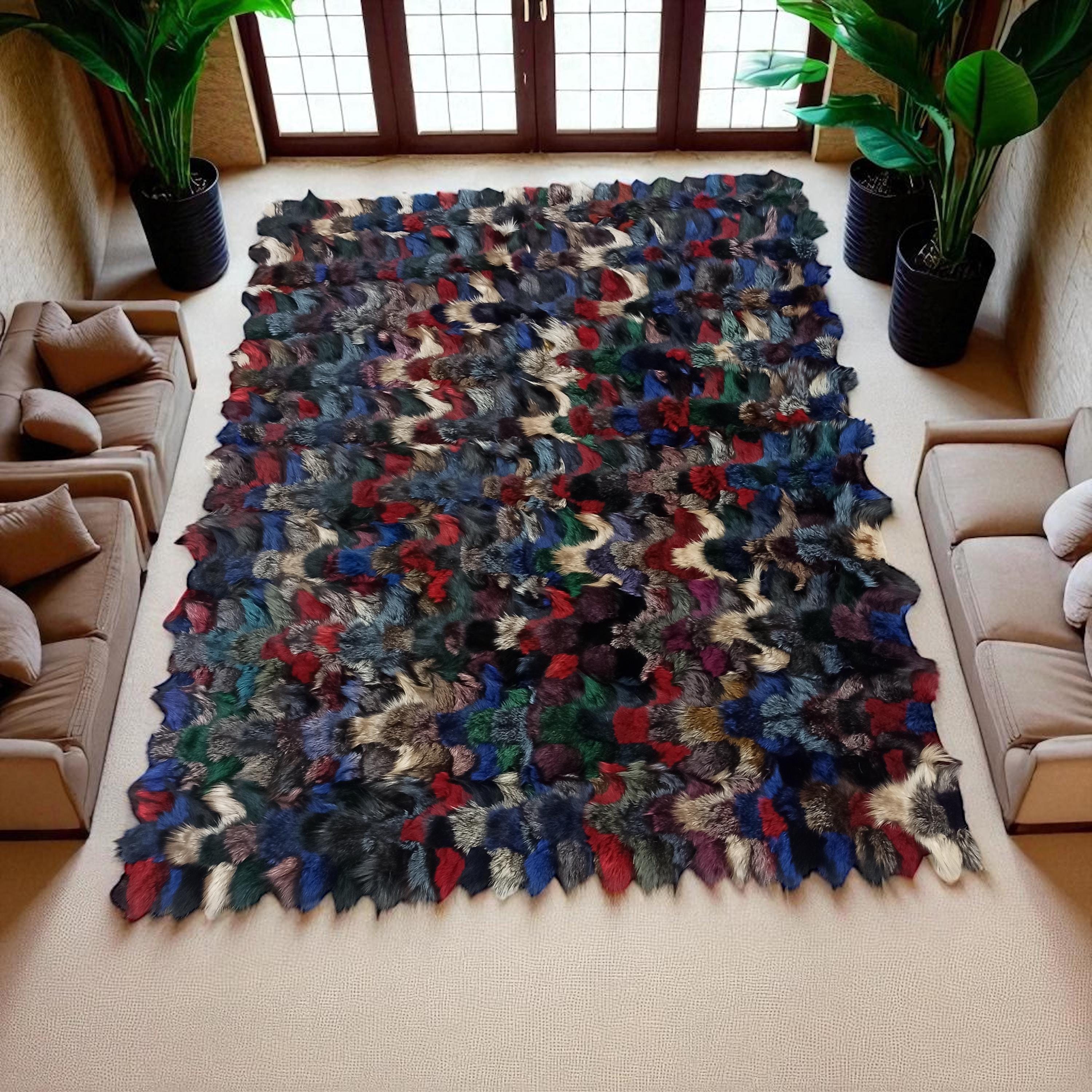 Çok Renkli Tilki Kürkü Halı – El Yapımı Doğal Kürk Salon Halısı