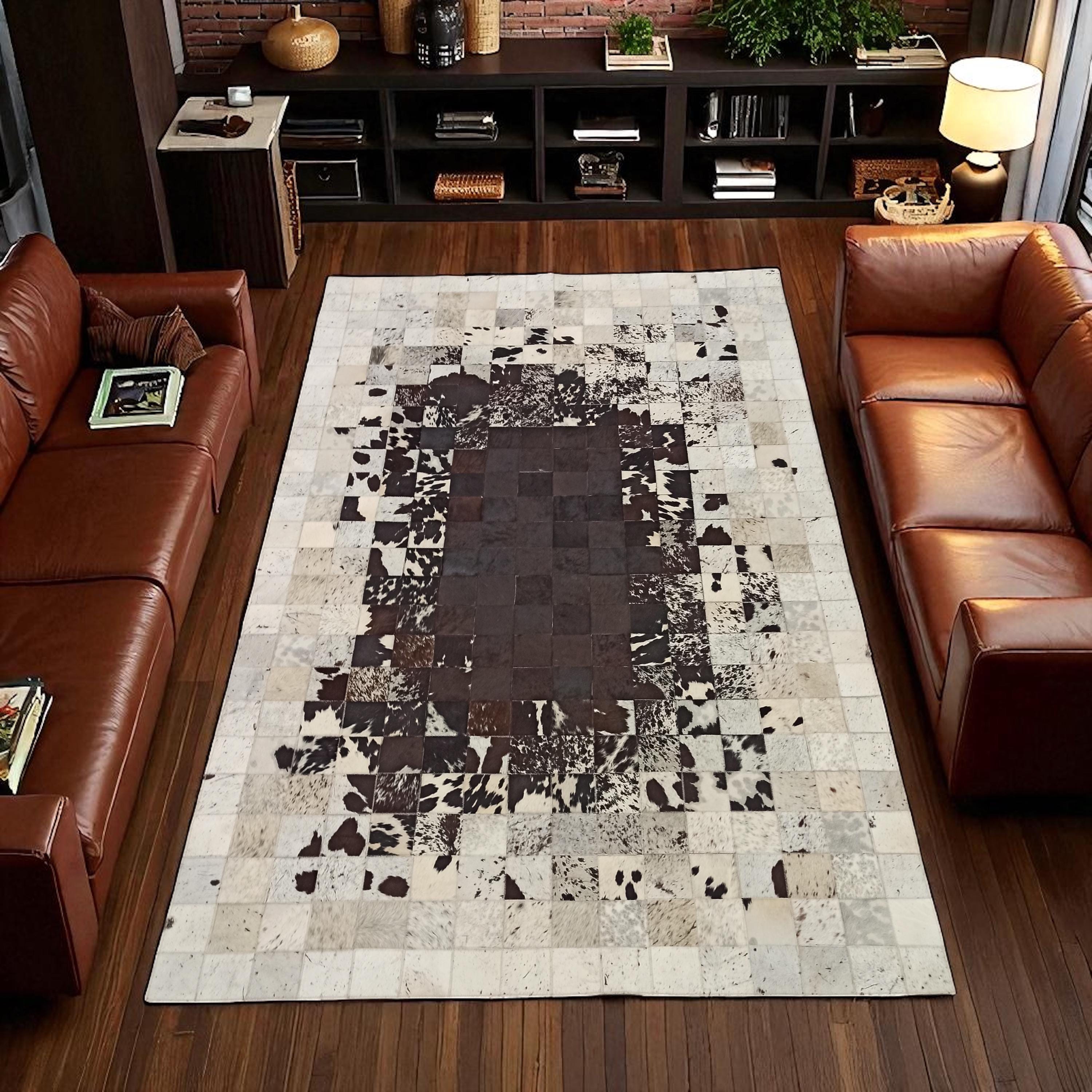 Kahverengi, Beyaz, Doğal Dana Derisi Patchwork Halı