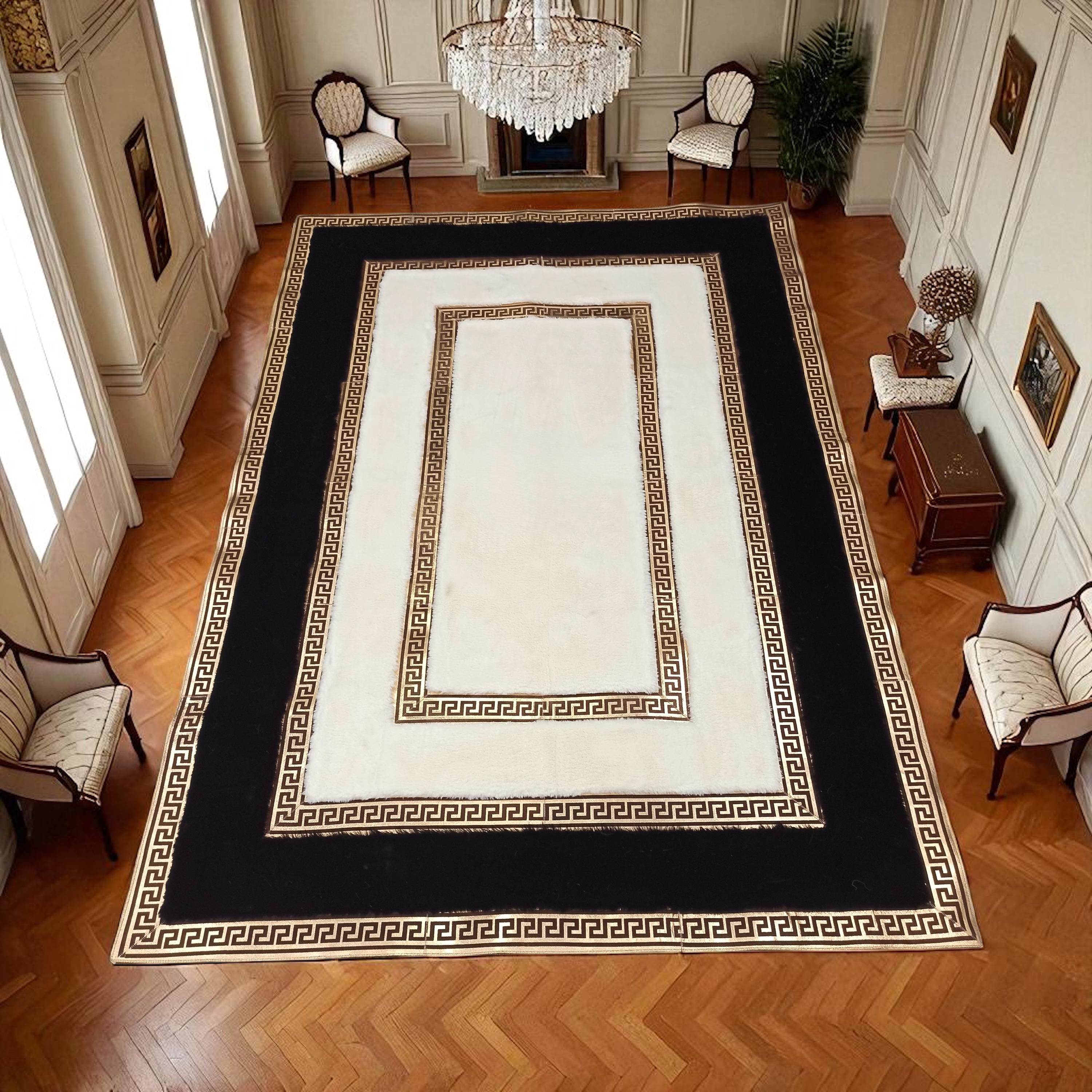 Altın Bordürlü Krem Peluş Halı - Yumuşak Şık Oturma Odası Halısı