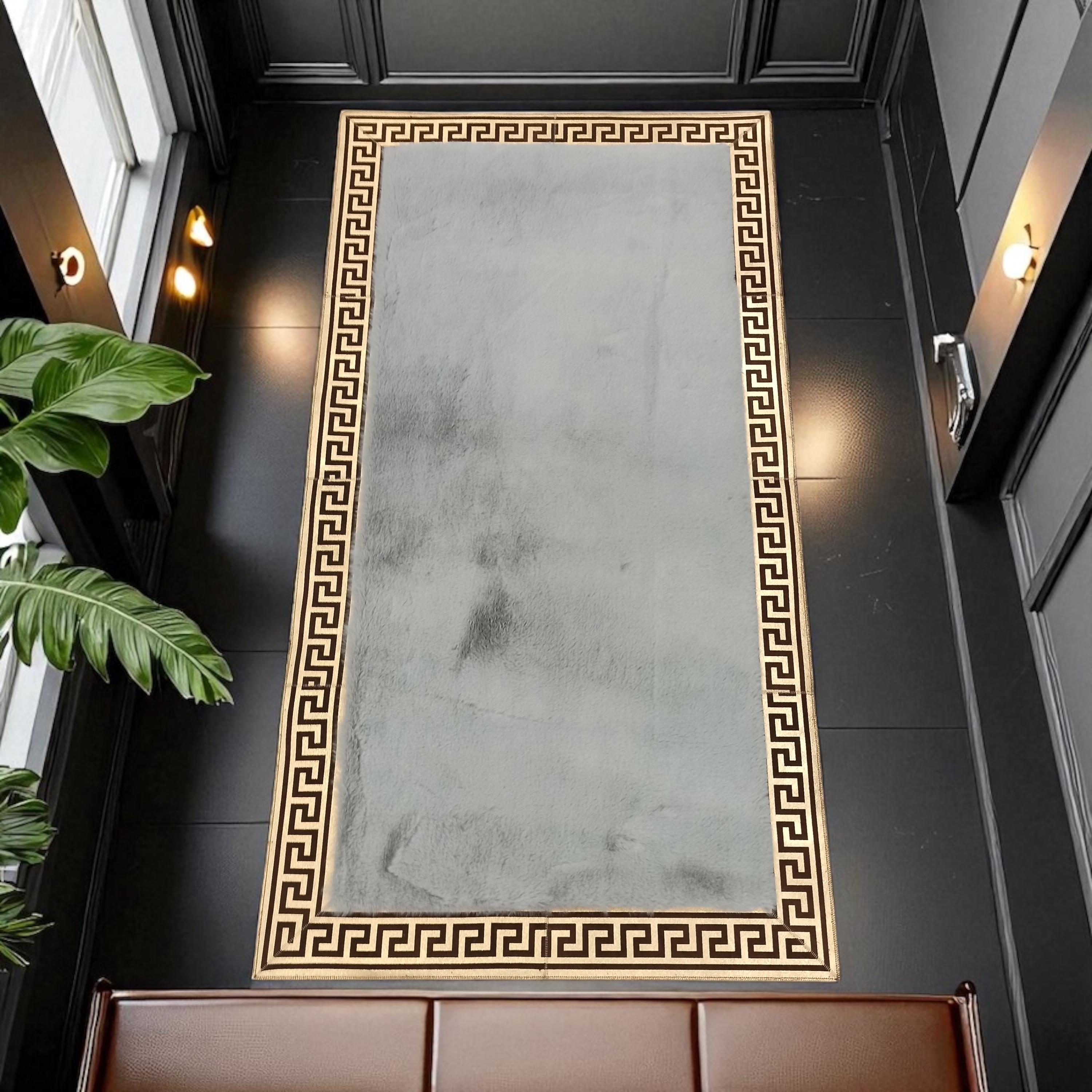 Altın Bordürlü Gri Tonlarında Modern Peluş Halı - Yumuşak Ortam Halısı
