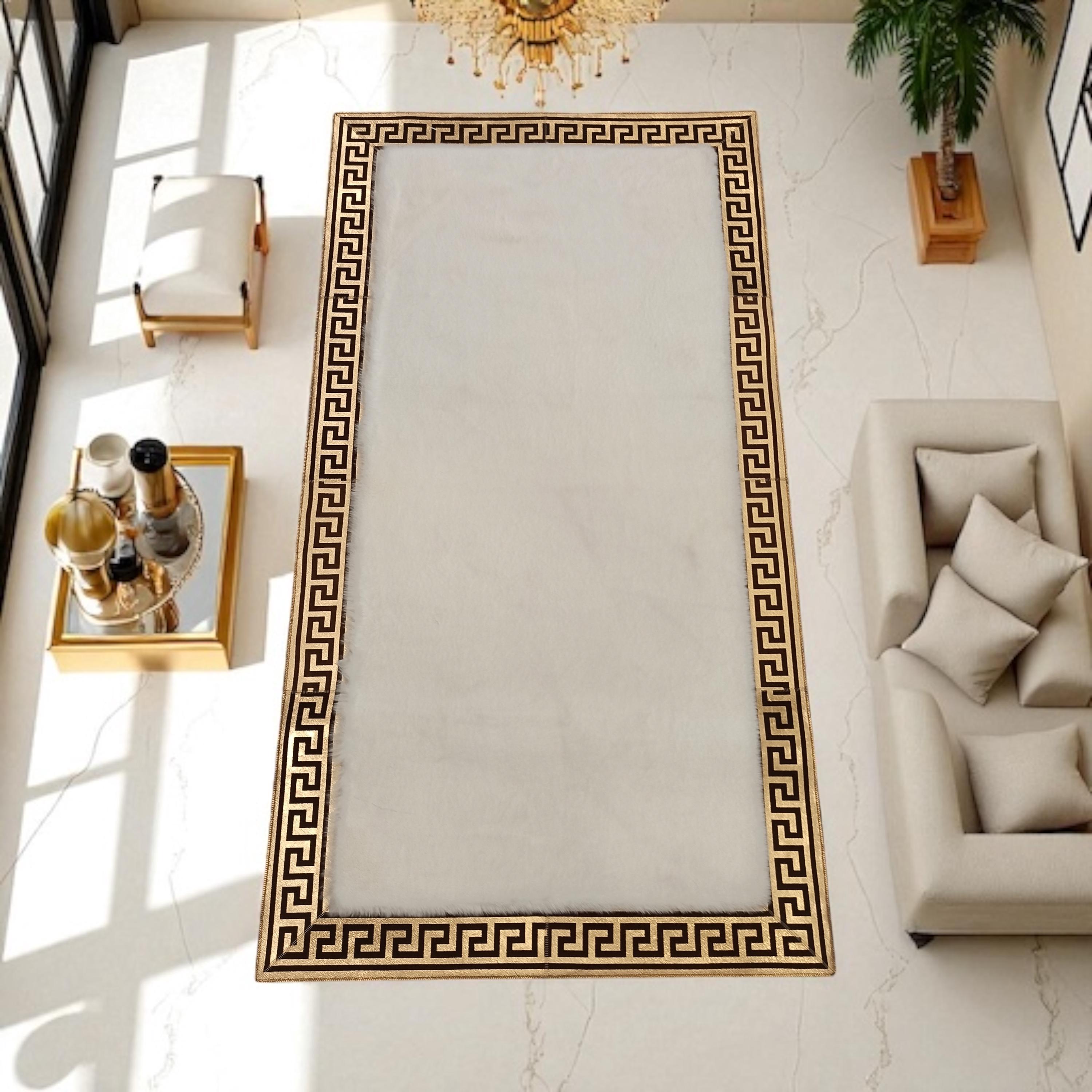 Altın Varaklı Beyaz Peluş Halı - Şık Antre Halısı